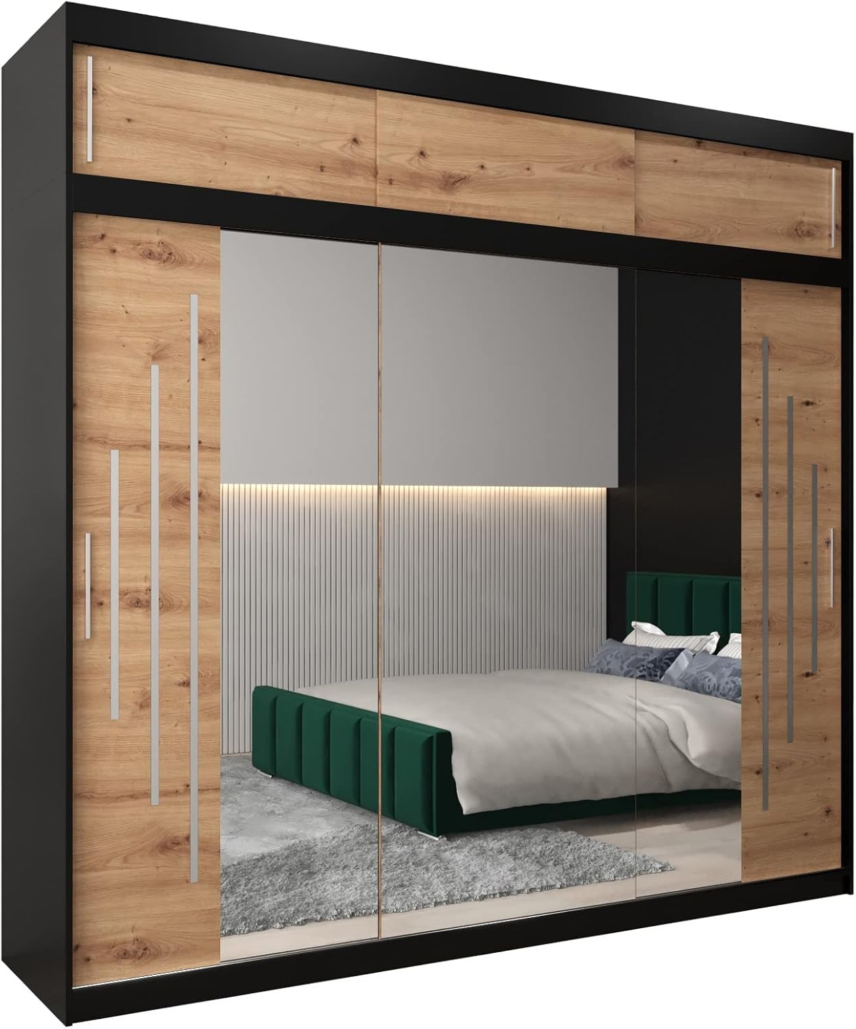 MEBLE KRYSPOL Kleiderschrank mit Spiegel York 2 - Garderobenschrank - Schrank Schlafzimmer - Mehrzweckschrank Zwei Schiebetüren - Regalen - Flur Möbel - Kleiderstange Schrank - Allzweckschrank