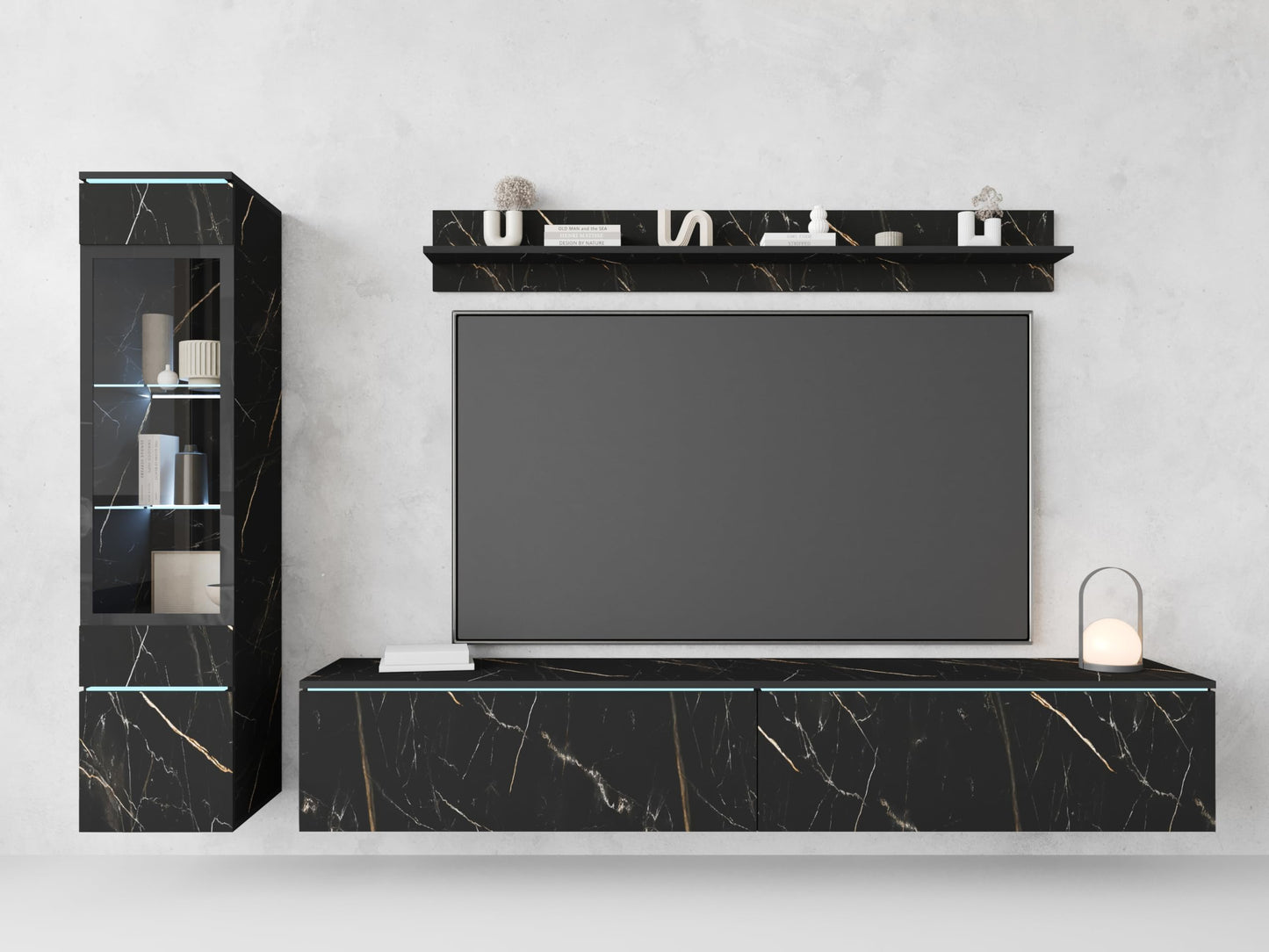 MINIO go for it Veve 2, 4-Piece Wall Unit Set, Hanging or Standing, 2 x Tall Cabinet Display Cabinets, Lowboard, Wall Board, Laminated Clamping Plate, Wotan Oak and Black Gloss, without Lighting