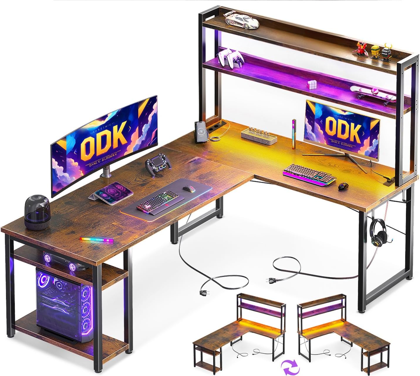 ODK Eckschreibtisch Weiß mit Stall, 150×120 cm Reversibel Gaming Tish L Form mit LED, Computertisch mit USB-Ladeanschluss&Steckdose, Gaming Schreibtisch für das Heimbüro