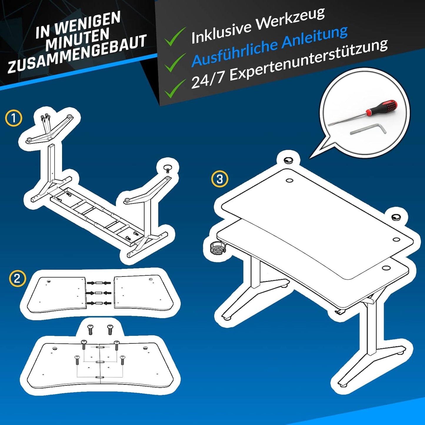 KLIM NEU K152 Gaming Tisch - 152 cm Gaming Schreibtisch, Getränkehalter, Headset Haken - Stabiler Computerschreibtisch aus Metall und Holz - Für Gaming und Büro - 20 Jahre Schutz
