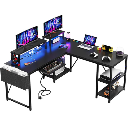 Flamaker Gaming Tisch l Form 140x140 cm - Eckschreibtisch mit RGB LED, Monitorständer & Ablagefach | 2 Steckdosen + 2 USB-Anschlüsse (Weiß)