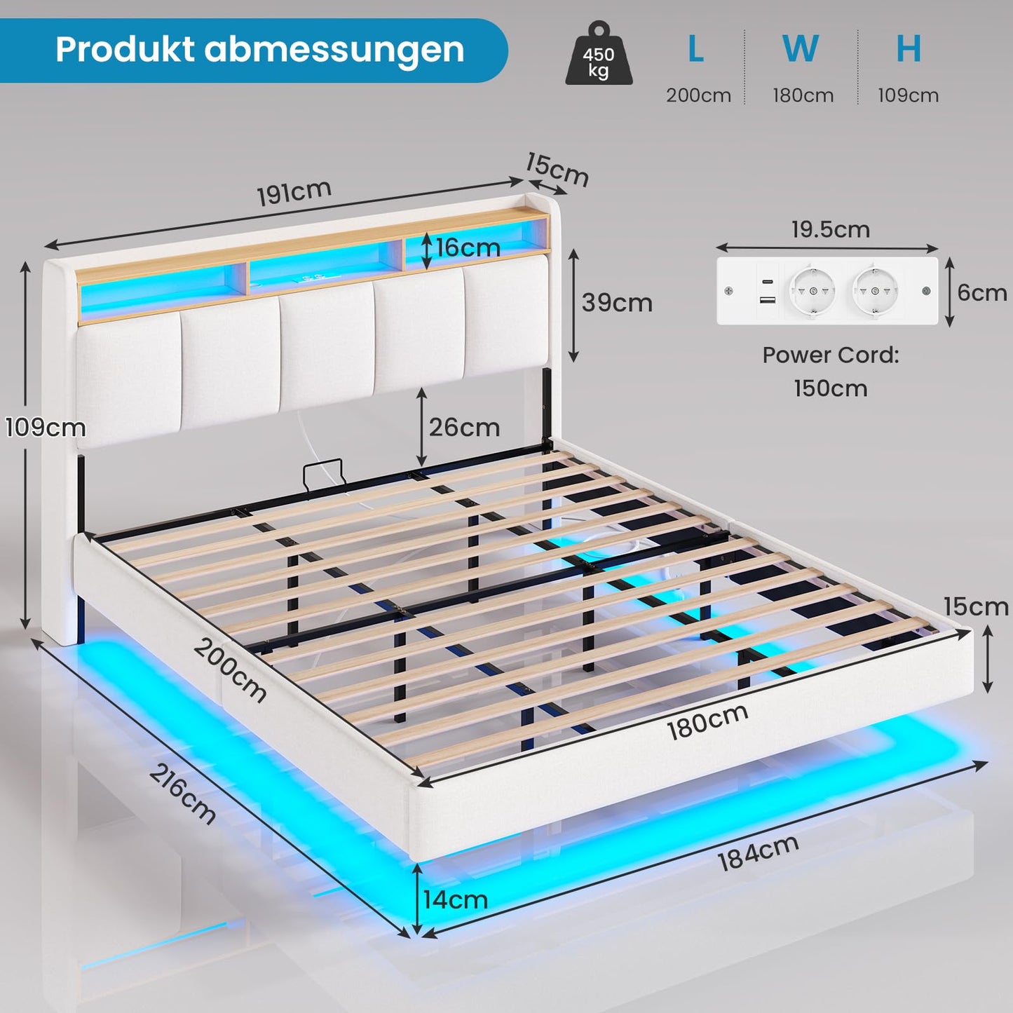 Brinlawb Upholstered Bed 140 x 200 cm Floating Bed with LED Lighting, Headboard and Charging Station (2 AC Sockets, 2 USB Ports), Bed 140 x 200 cm with Storage Space, Modern Double Bed with Slatted