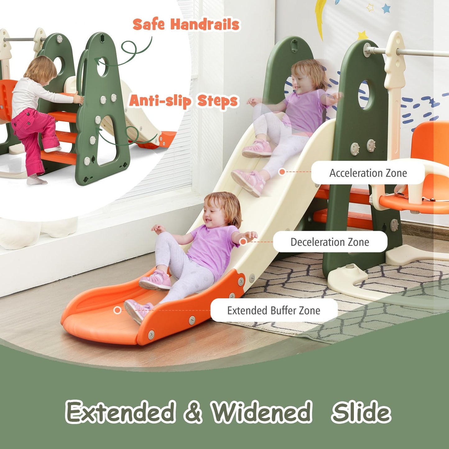 HOMASIS 6-in-1 Kinderrutsche mit Schaukel, Freistehende Rutsche & Schaukel & Basketballkorb & Kletterleiter & Fußballtor & Golfloch, Kinder Spielplatz für ab 3 Jahre Indoor & Outdoor (Orange+Grün)