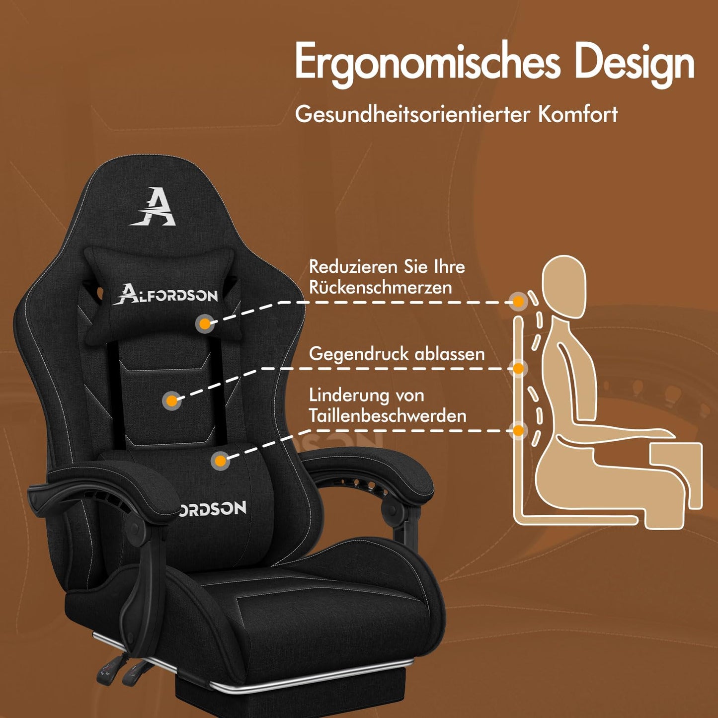 ALFORDSON Gaming-Stuhl mit Massage-Lendenwirbelkissen, ergonomischer Gamer-Racer-Stuhl mit Verstellbarer Rückenlehne, Drehstuhl mit Fußstütze, höhenverstellbar, Schwarz