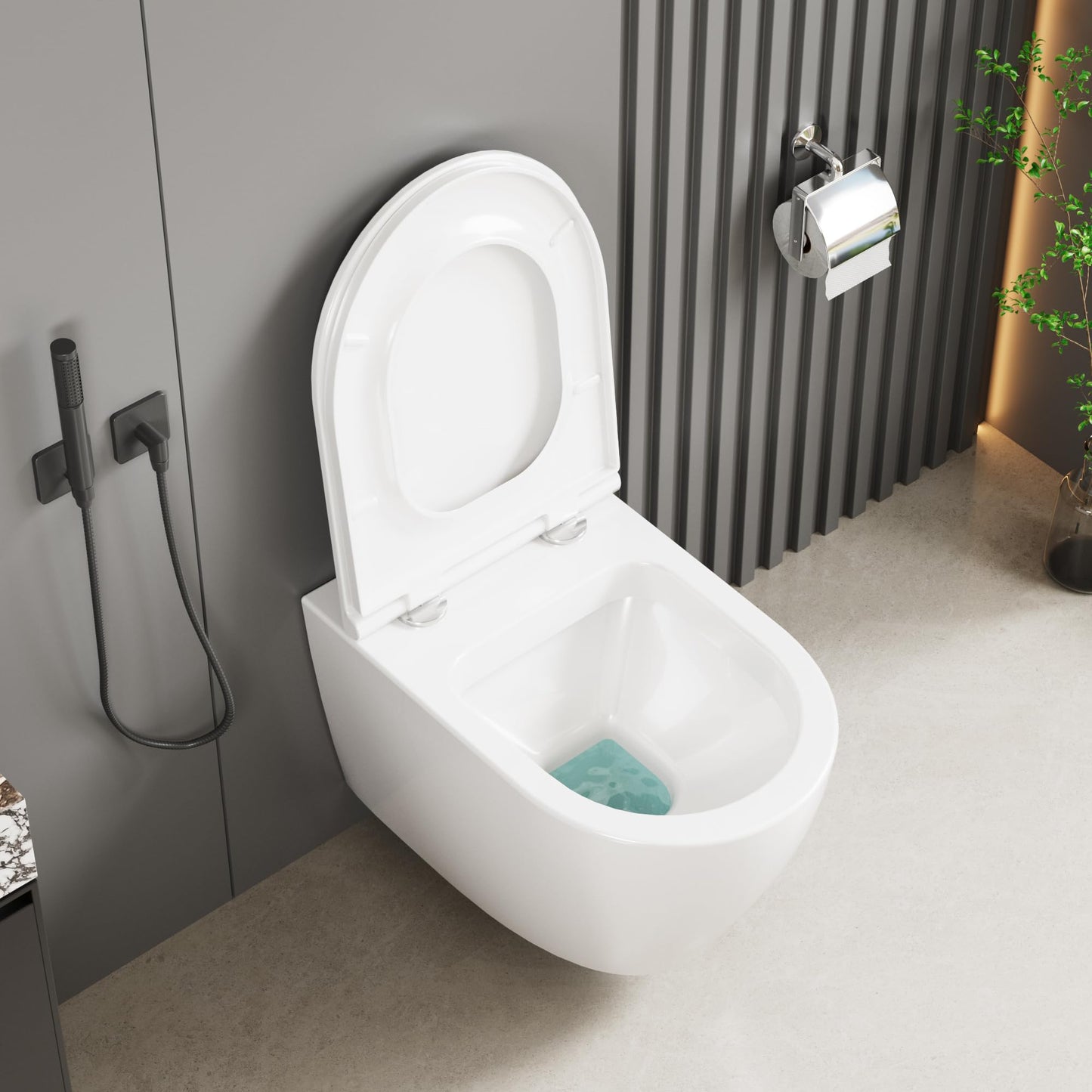 Hängend WC Spülrandlos Toilette, Wand-WC Set aus Keramik mit Toilettendeckel Abnehmbaren Absenkautomatik Effizienter Spültechnik Hängetoilette, D-Form,Lang 51cm, Weiß
