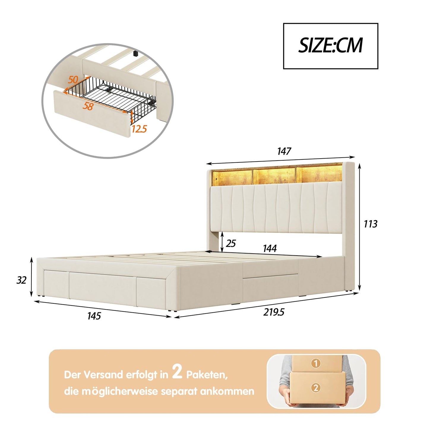 WOBOPCG Upholstered Double Bed 140 x 200, Hydraulic Storage Bed with Slatted Bases, Double Bed with Storage Space, Functional Bed with Storage Space (Grey + Flannel, 140 x 200)