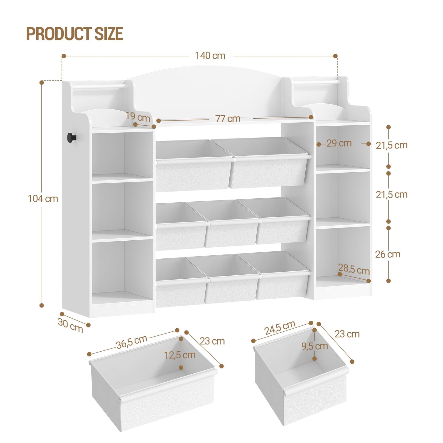 Hzuaneri KB43003W Children's Bookcase, Wooden Bookcase, Toy Shelf with 8 Fabric Drawers for Children's Room, Living Room, Study, White, 30 x 140 x 100 cm