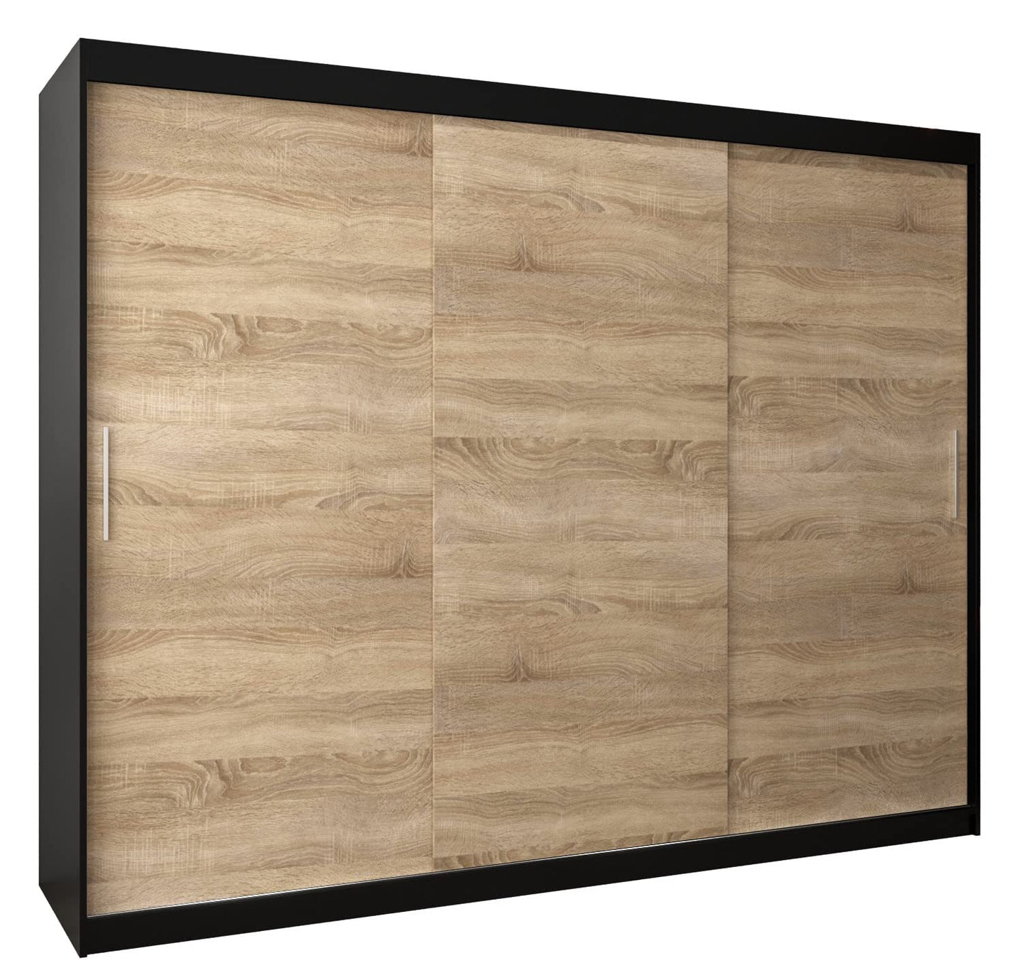 MEBLE KRYSPOL Tokyo 250 Wardrobe with Three Sliding Doors for Bedroom – Modern Storage Cabinet with Clothes Rail and Shelves – 250 x 200 x 62 cm – Matte Black and Artisan