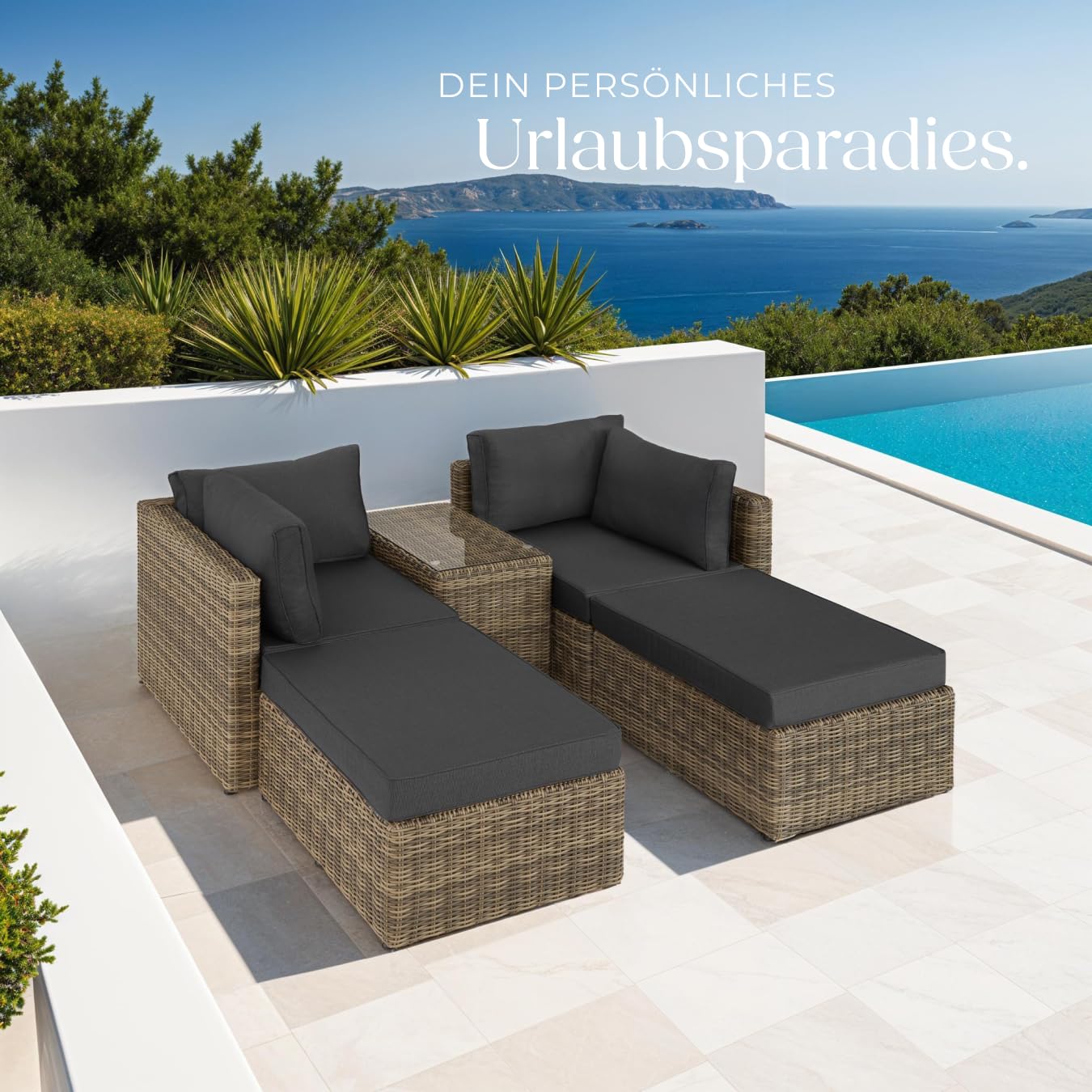 tectake® Luxus Rattan Lounge Set Outdoor, modulares Sofa mit Couch Tisch und Hocker, Balkon Möbel, Garten, Terrasse, Gartenmöbel Set wetterfest, Balkon Lounge, Gartenlounge - Natur