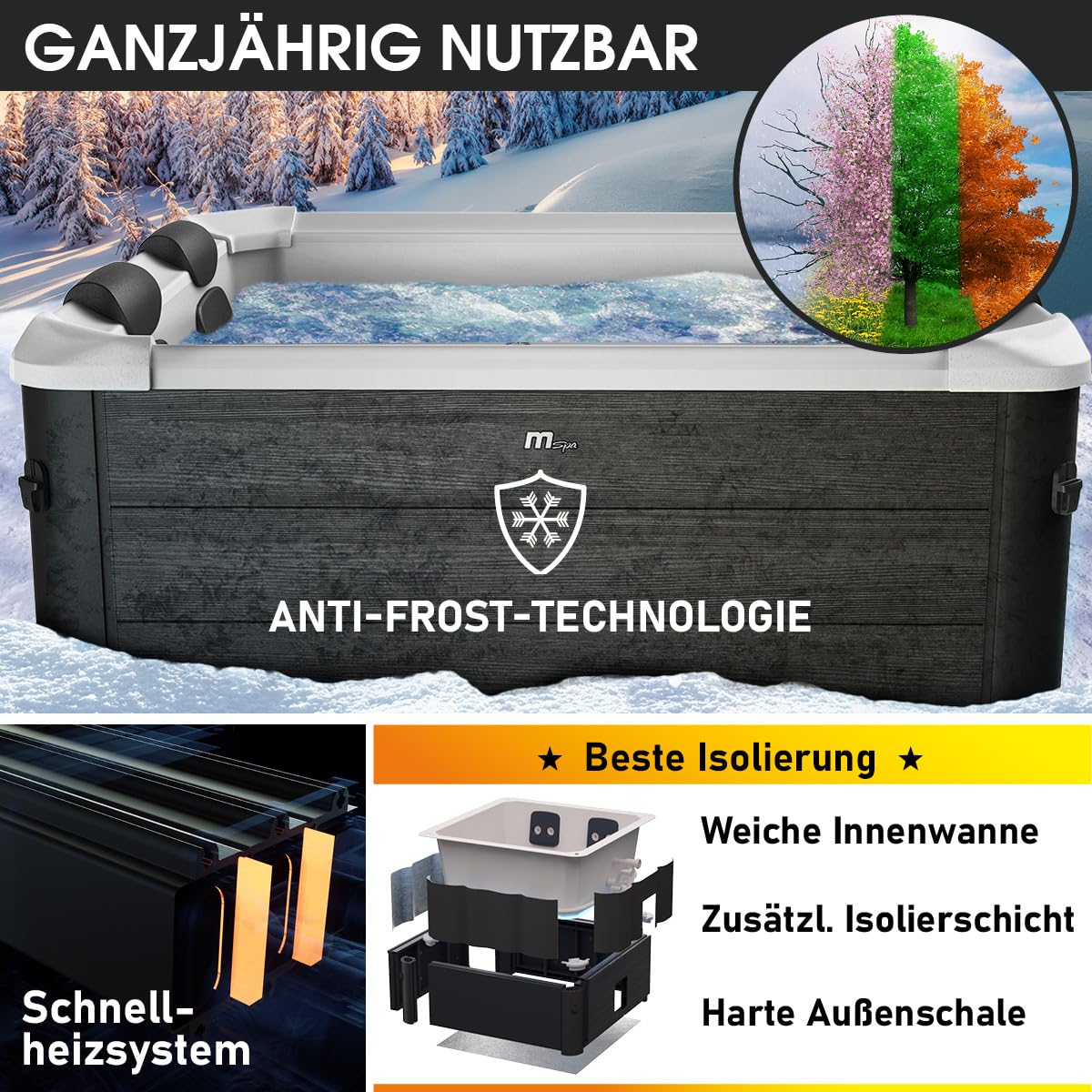 BRAST Whirlpool MSpa Oslo & Oslo Plus XXL mit Fester Außenwand | 160x160x65cm - 180x180x65cm | LED-Beleuchtung 20 Farben | 6 Personen | 120-140 Massagedüsen | Ganzjähriger Einsatz Winterfest
