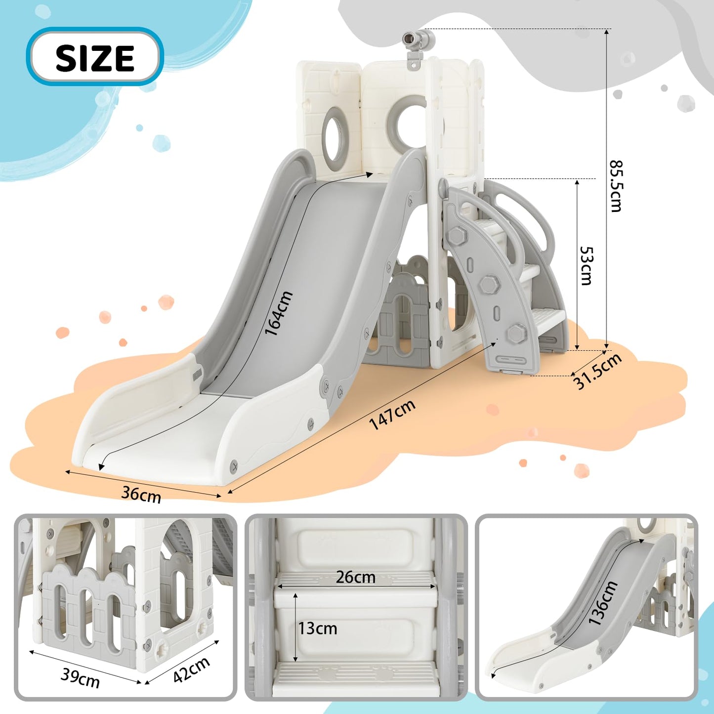 Kinderrutsche, für 1-3 Jahre, Indoor & Outdoor Rutsche ab 1 Jahre, Freistehende Rutsche mit Stauraum & Spielteleskope, Gartenrutsche, Kinder Spielplatz, mit 2PCS Moduls, Grün Grau