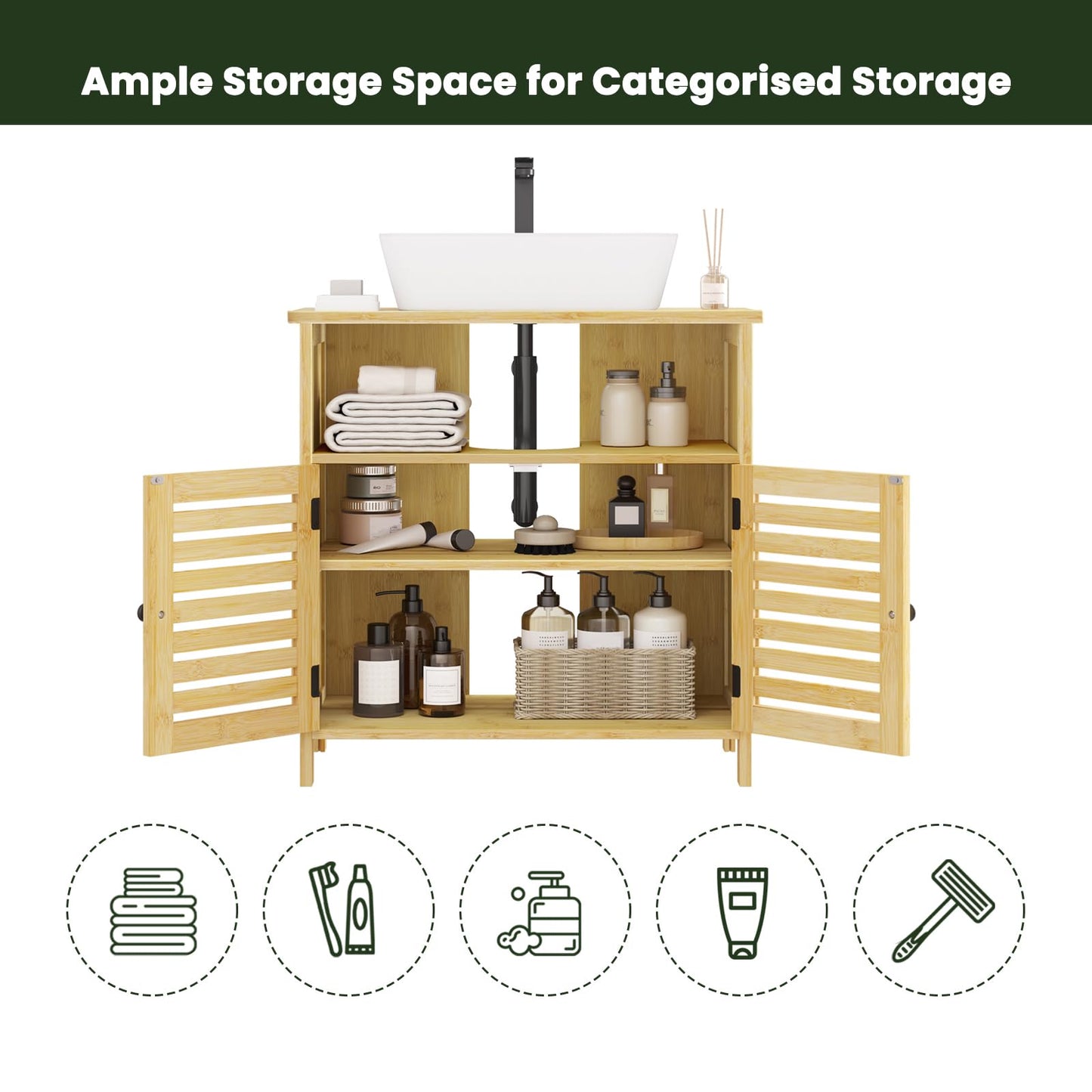 EUGAD Bamboo Vanity Unit with Slat Doors, Adjustable Shelf, 60 x 60 x 30 cm