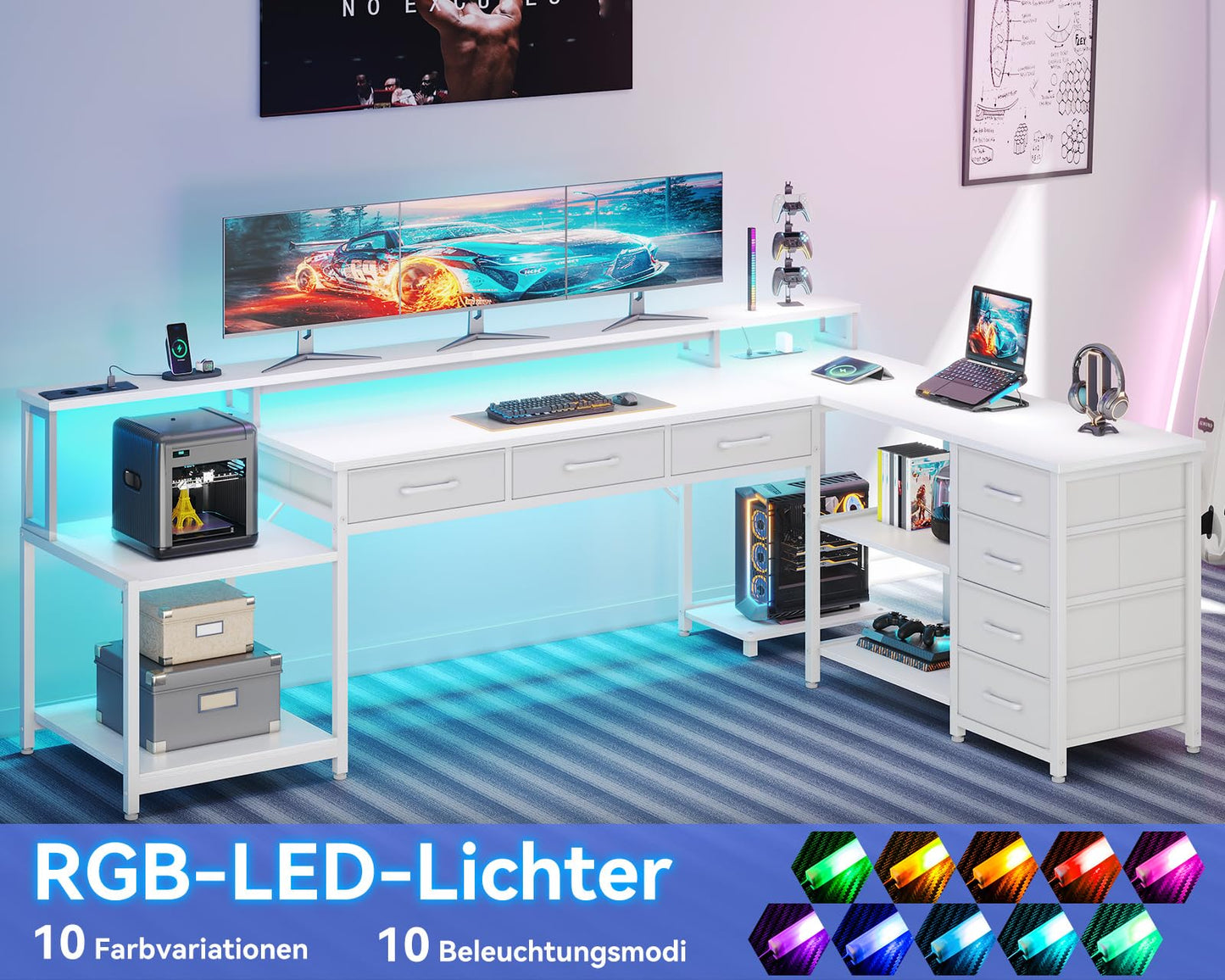 Coleshome Gaming Tisch mit 7 Schubladen & Großzügigem Stauraum, Eckschreibtisch mit RGB LED, Reversibler Schreibtisch L Form mit 2 Steckdosen, Ideal für Büro & Gaming, 179.5×135.5cm, Weiß