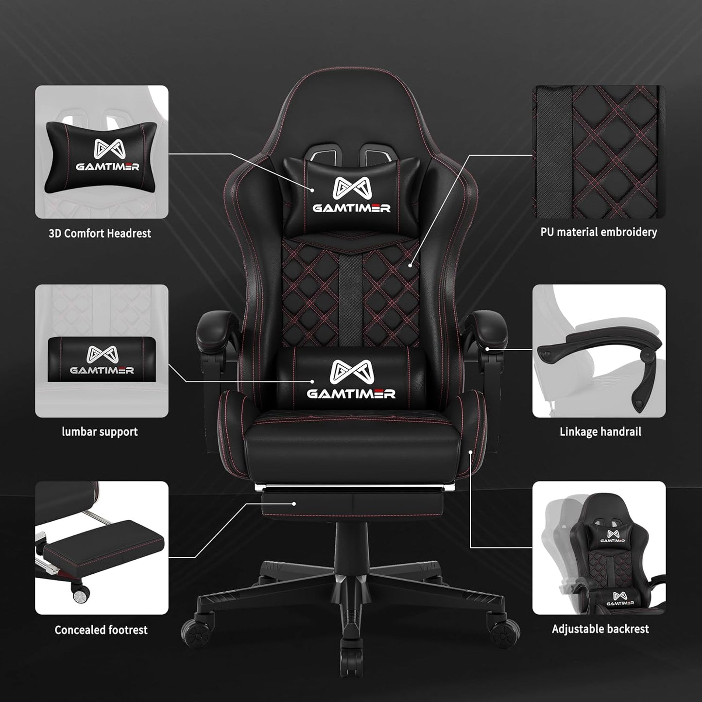 Gaming Chair, Ergonomic Office Chair, PC Chair, Gaming Chair, Lumbar Cushion and Footrest, PU Leather Gamer Chair, Adjustable Backrest from 90-155°, Height Adjustable 360° Swivel Chair (Pink)
