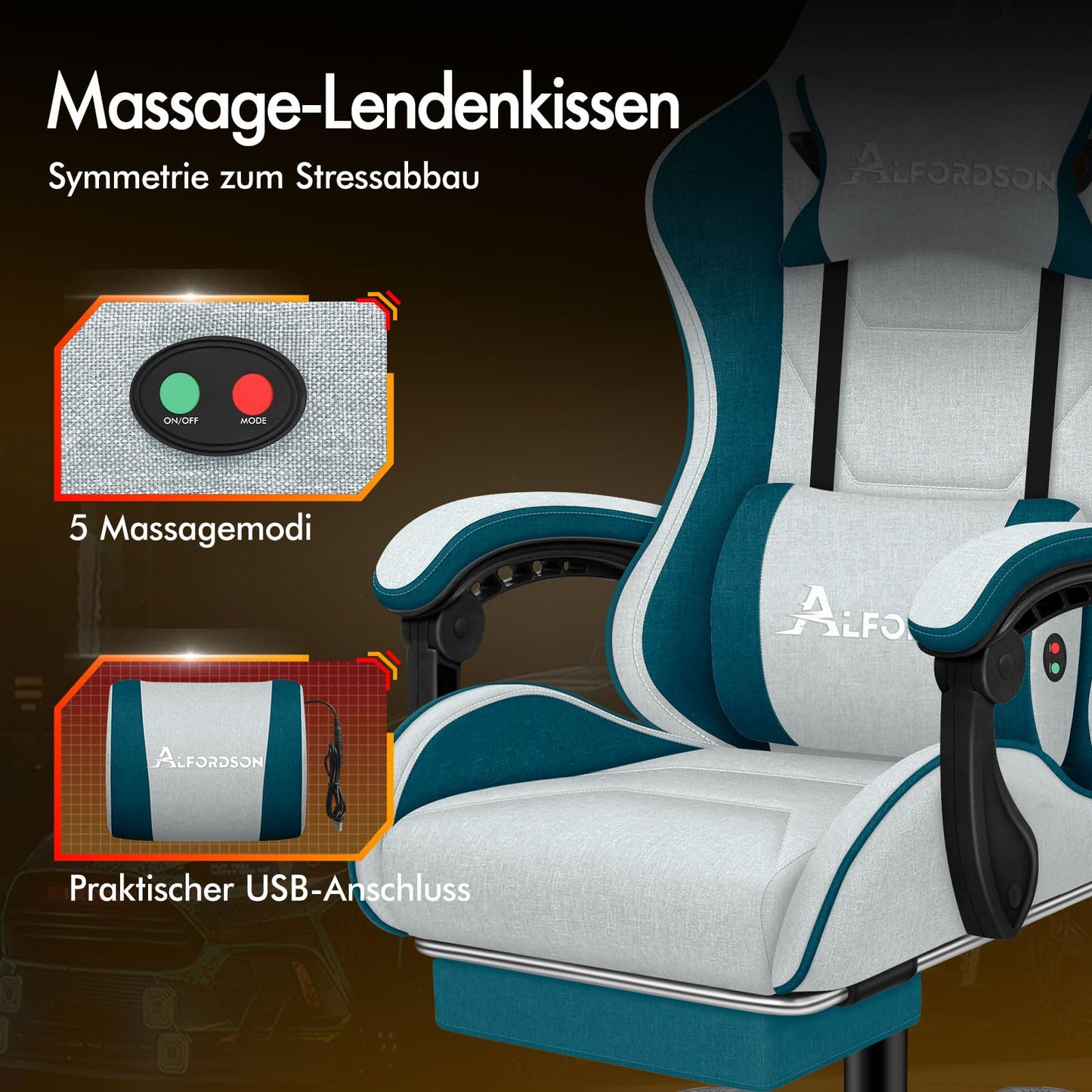 ALFORDSON Gaming-Stuhl mit Massage-Lendenwirbelkissen, ergonomischer Gamer-Racer-Stuhl mit Verstellbarer Rückenlehne, Drehstuhl mit Fußstütze, höhenverstellbar, Schwarz