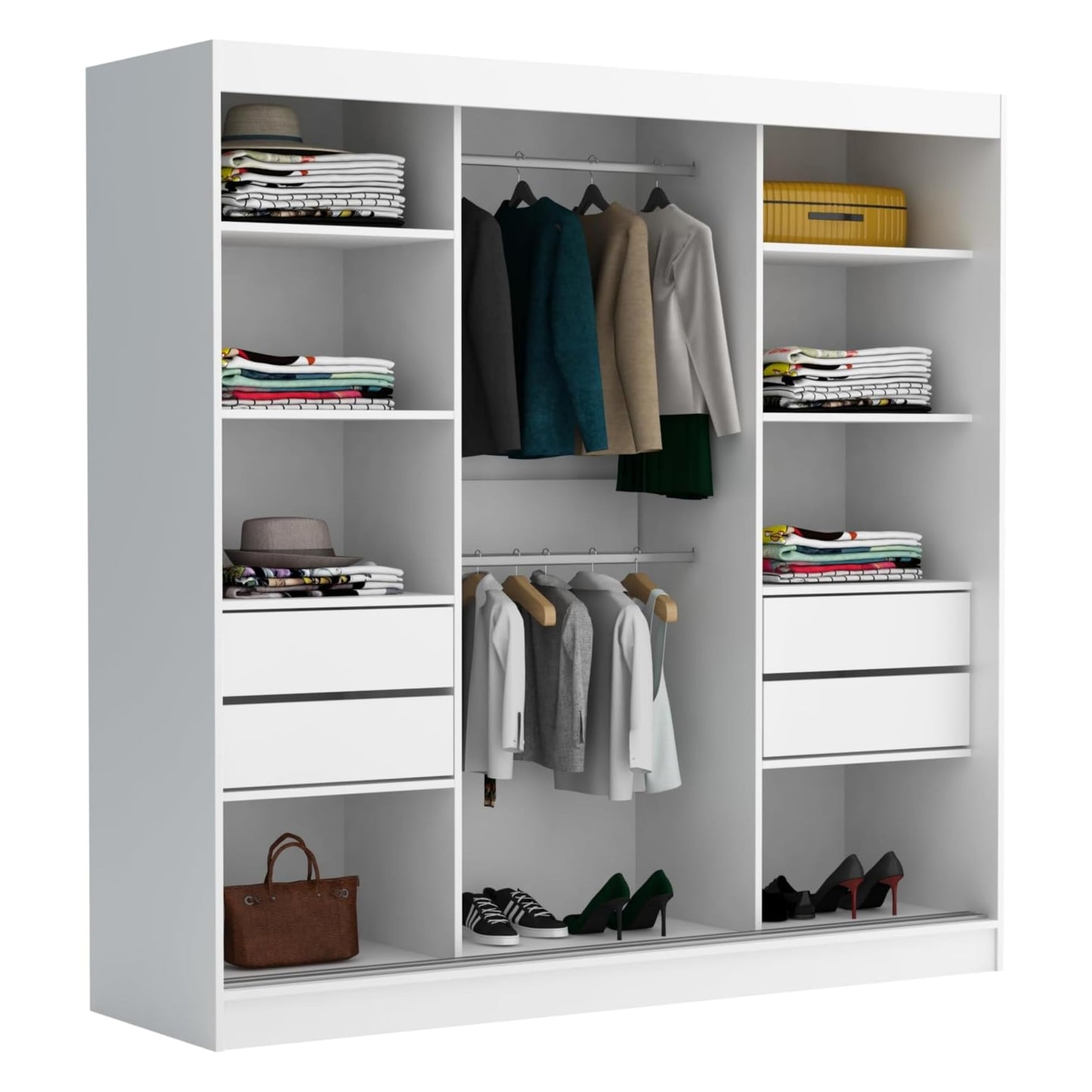 Brent - Kleiderschrank mit Spiegel und Schubladen 200cm Breit Chelsea Tomy, Schwebetürenschrank mit Spiegel, Schlafzimmerschrank, Kleiderschrank Schwarz/Wotan Eiche