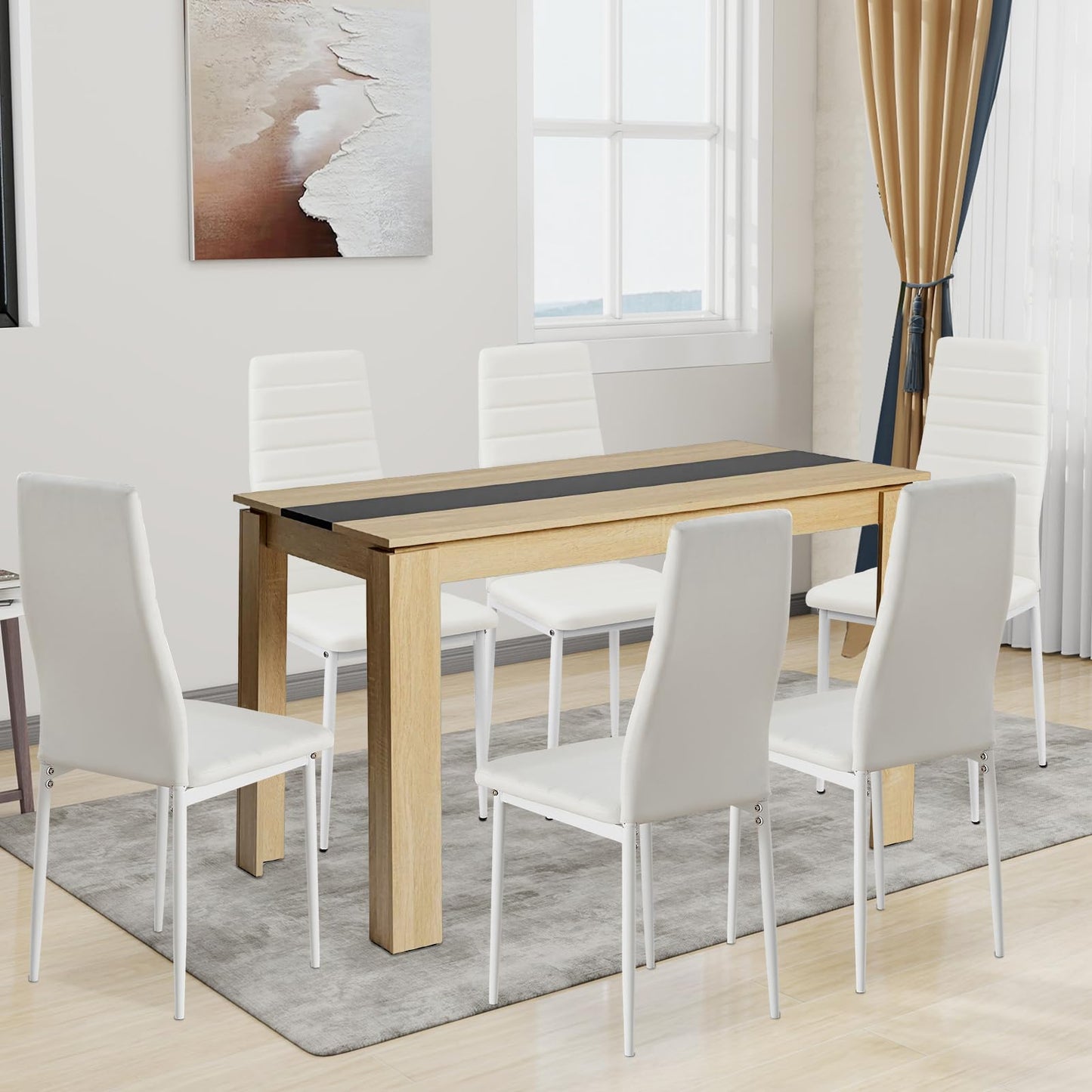 FURNITABLE Esstisch mit 6 Stühlen Esszimmergruppe, Essgruppe mit Hochlehner Kunstleder Stuhl für 6 Personen, Sitzgruppe für Küche Wohnzimmer(160cm Eiche-Weiß Tischbein Tisch+6 Schwarz Stühle)