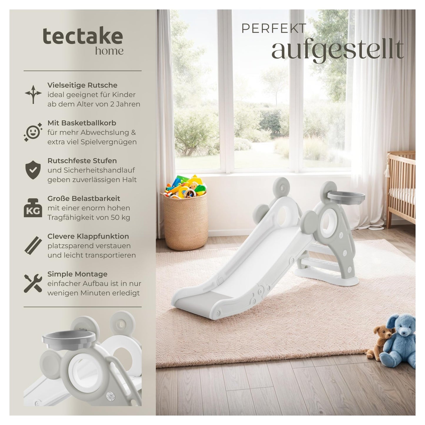 tectake® Rutsche mit Basketballkorb, Kinderrutsche, Baby Rutsche klappbar, für Kinder ab 2 Jahre, Spielgeräte zum Klettern und Bewegung Kinder Indoor und Outdoor Spielzeug, Indoor Spielplatz - pink