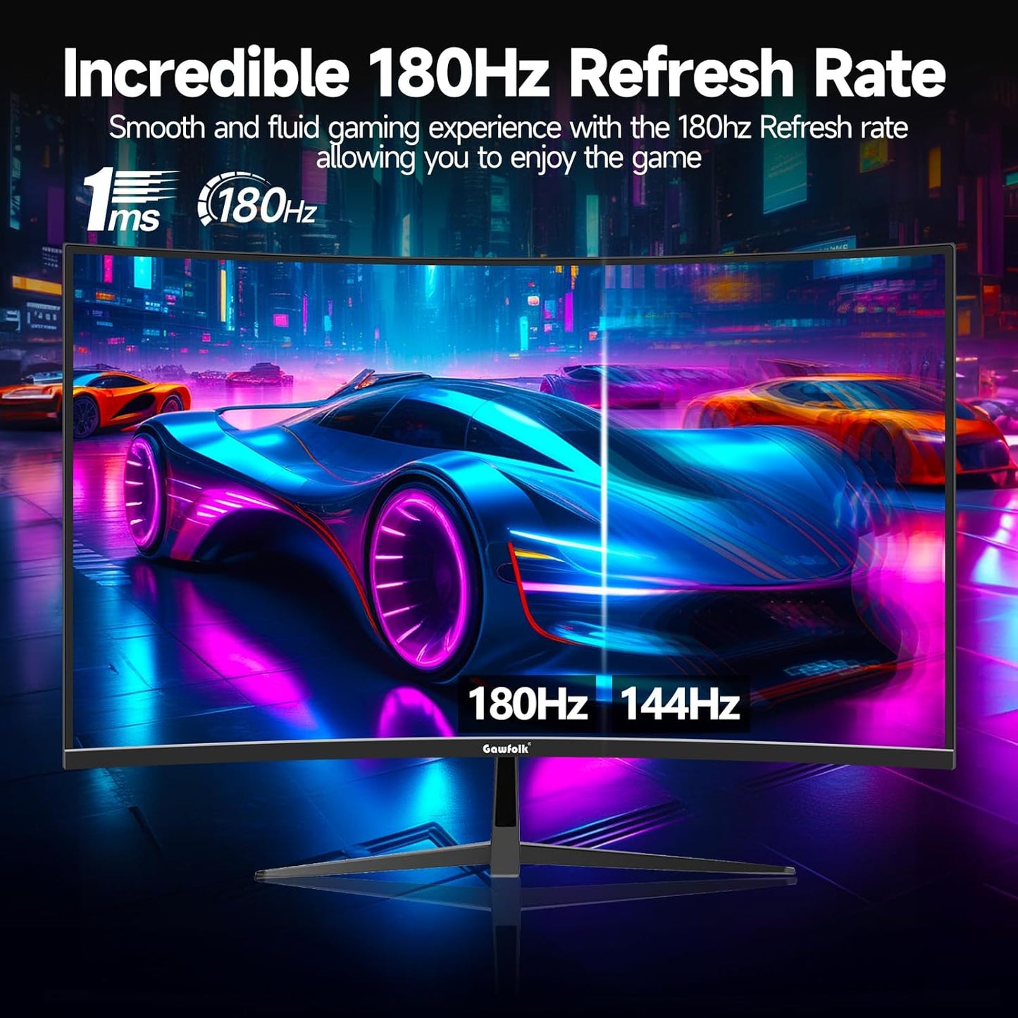 Gawfolk 32 Zoll Curved Gaming Monitor 180HZ / 165Hz / 144hz PC Bildschirm Full HD 1080P, Rahmenloses 1800R Gebogenes Computerbildschirm mit FreeSync und Eye Care Technologie, unterstützt VESA