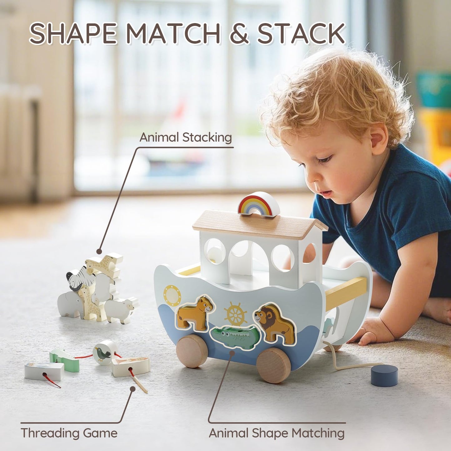 Joyreal Arche Noah Holz - Taufgeschenke für Mädchen Jungen Kinder, Geschenk Taufe, Montessori Spielzeug Lernspielzeug mit Bauernhof Spielzeug Sortier Stapel