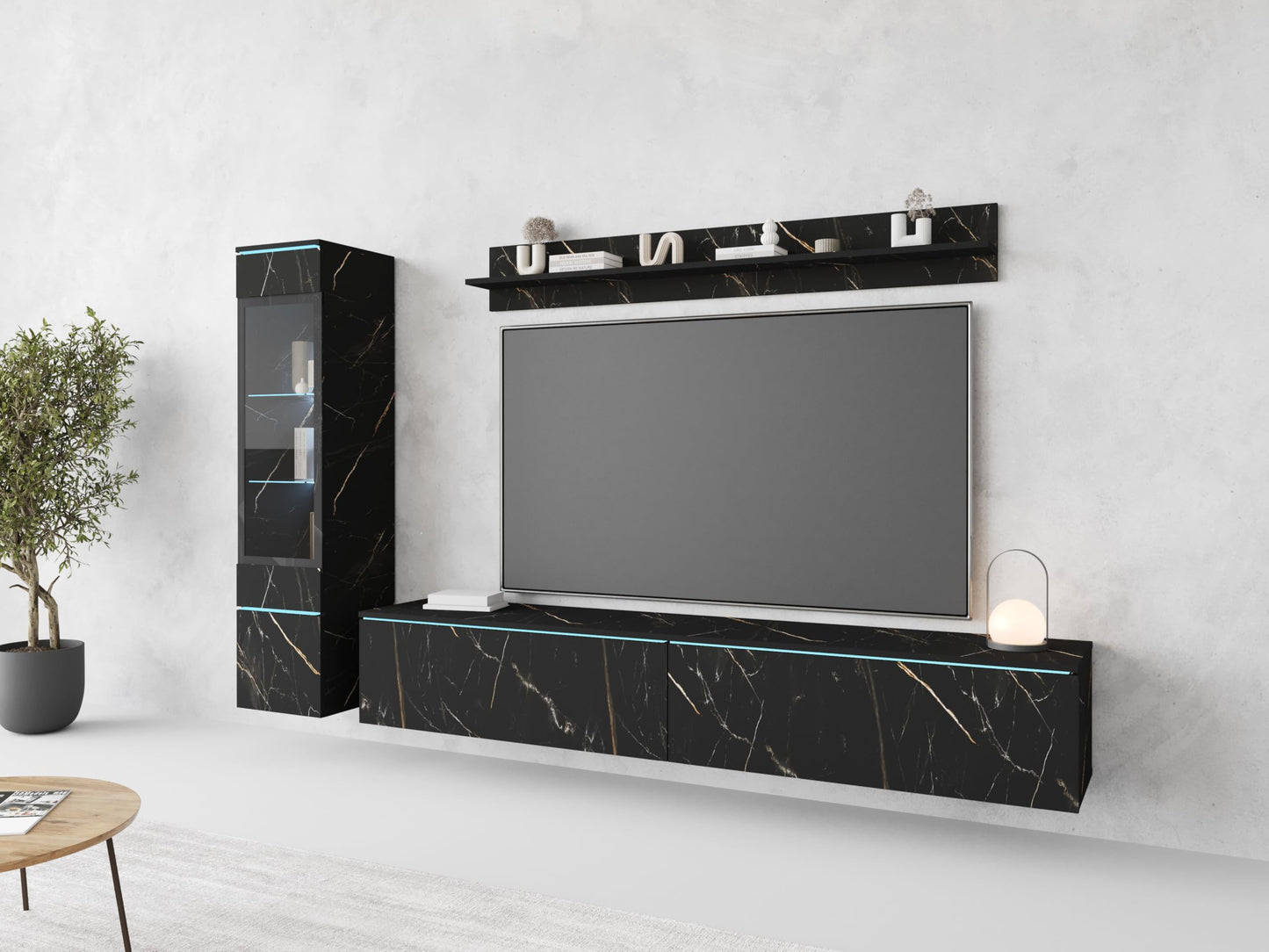 MINIO go for it Veve 2, 4-Piece Wall Unit Set, Hanging or Standing, 2 x Tall Cabinet Display Cabinets, Lowboard, Wall Board, Laminated Clamping Plate, Wotan Oak and Black Gloss, without Lighting
