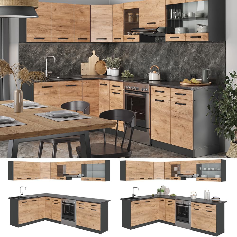 Vicco Kitchen Unit L 210 cm Kitchen Block Angle Corner Built-in Sonoma Oak - Freely Combinable Units - R-Line