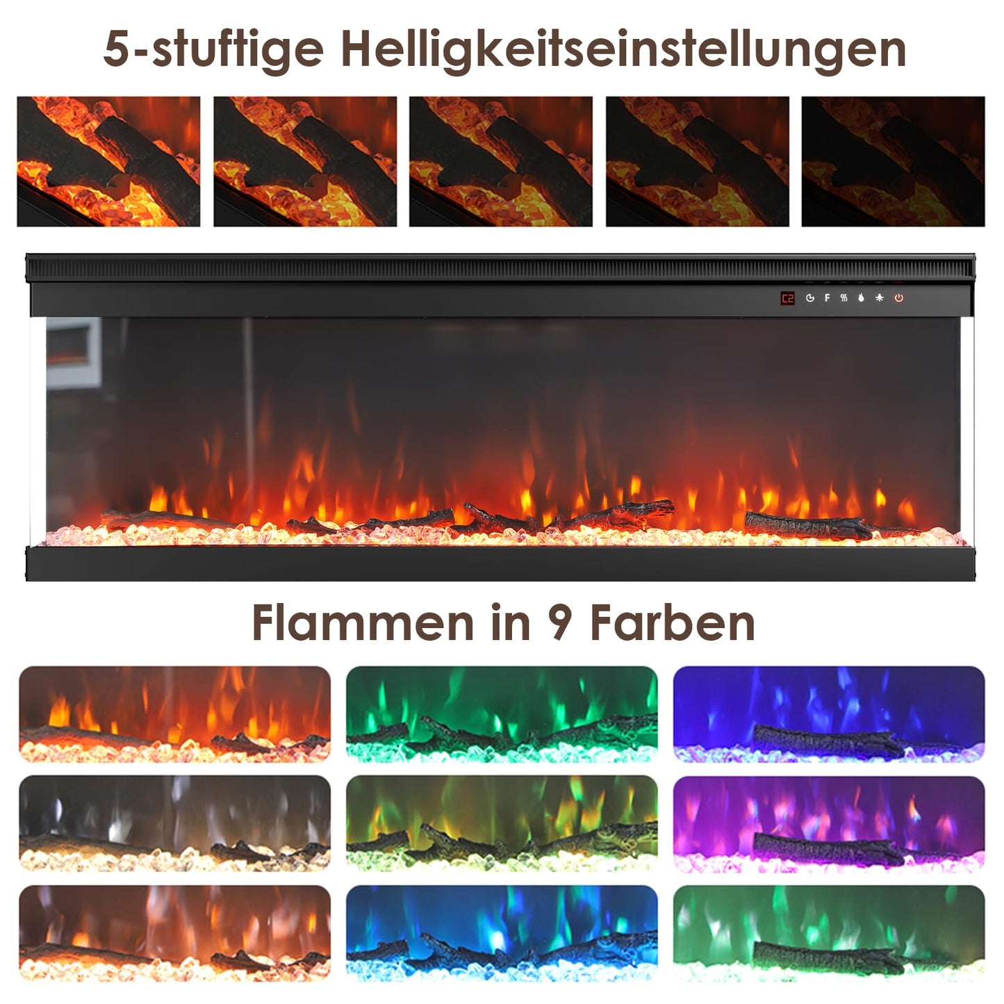 INMOZATA Elektrokamin 50''/127cm vertieft/freistehender elektrischer Kamin 3-Seiten-Glasanzeige Medien-Wand-Feuer mit 9-Farben Realistische LED Flammeneffekt Touch Fernbedienung für Überhitzungsschutz