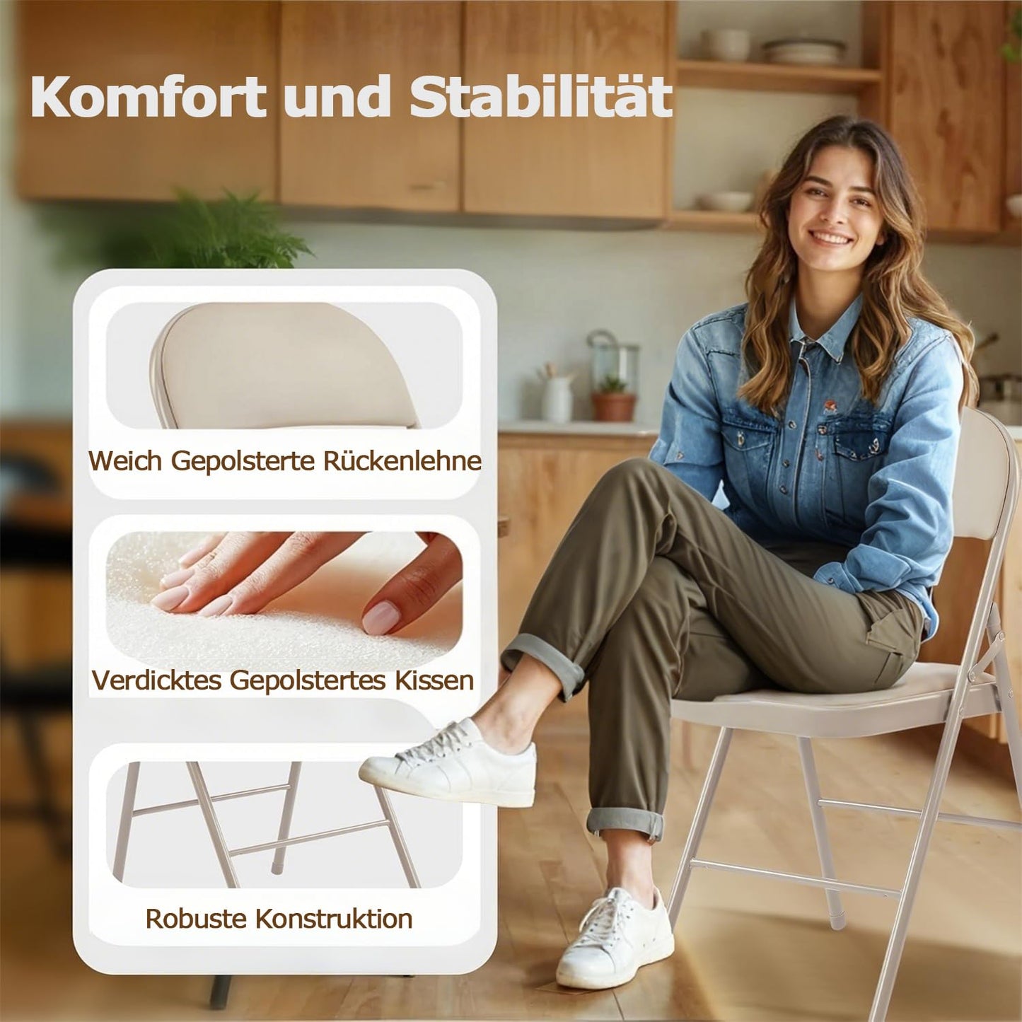 Asdsed Klappstuhl 4er Set, Klappstühle Gepolstert, Klappstuhl bis 158KG Gepolstert mit Starker Stahlrahmen, Faltbarer Klappstühle Platzsparender Schreibtischstuhl für Haus Büro Garten Balkon Party