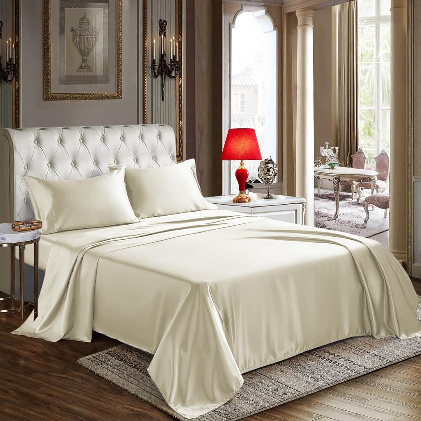 CozyLux Satin Sheets Queen Size - 4 Piece Black Bed Sheet Set with Silky Microfiber, 1 Deep Pocket Fitted Sheet, 1 Flat Sheet, and 2 Pillowcases - Smooth and Soft