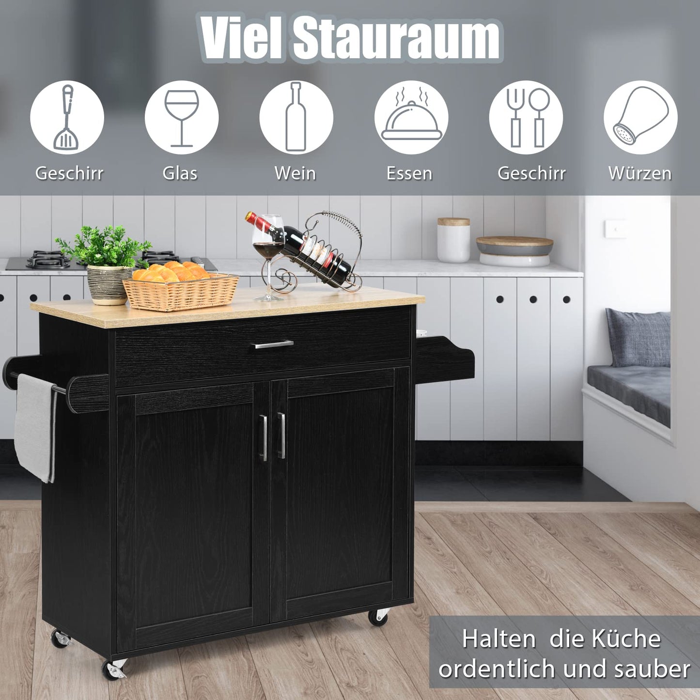 COSTWAY Kitchen trolley with towel holder and spice board, kitchen island with drawer and height-adjustable shelf, kitchen cabinet rollable, wooden serving trolley, kitchen island trolley (black)
