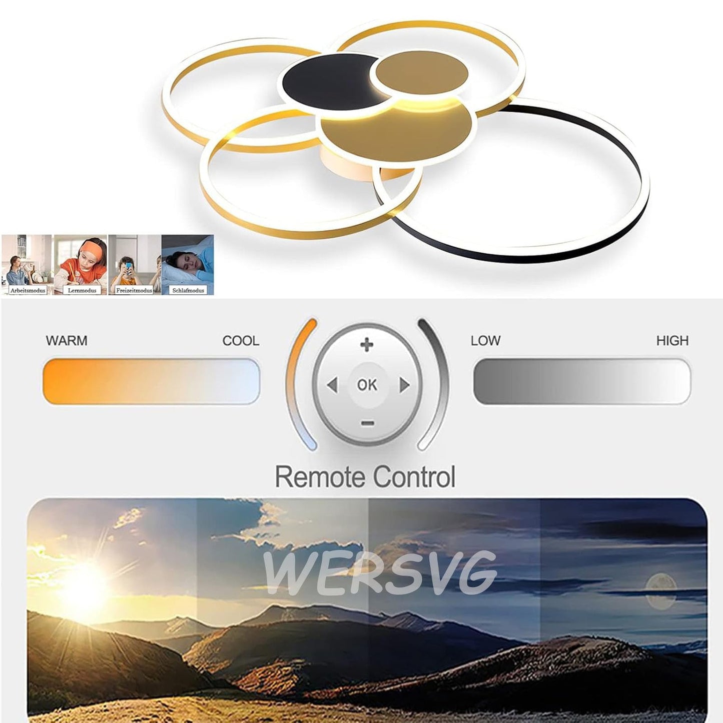 WERSVG L80cm Modern LED Deckenleuchte Wohnzimmer Deckenlampe gold 6-Ring Deckenleuchte 70W 5600LM Dimmbar 3500K - 6500KMit Fernbedienung flurlampe decke, für Wohnzimmer Schlafzimmer Küche Esszimmer