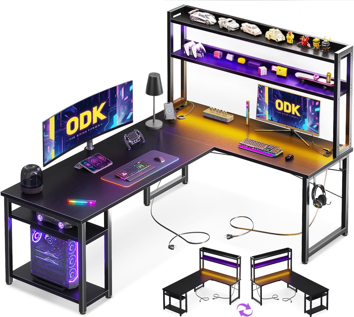 ODK Eckschreibtisch Weiß mit Stall, 150×120 cm Reversibel Gaming Tish L Form mit LED, Computertisch mit USB-Ladeanschluss&Steckdose, Gaming Schreibtisch für das Heimbüro