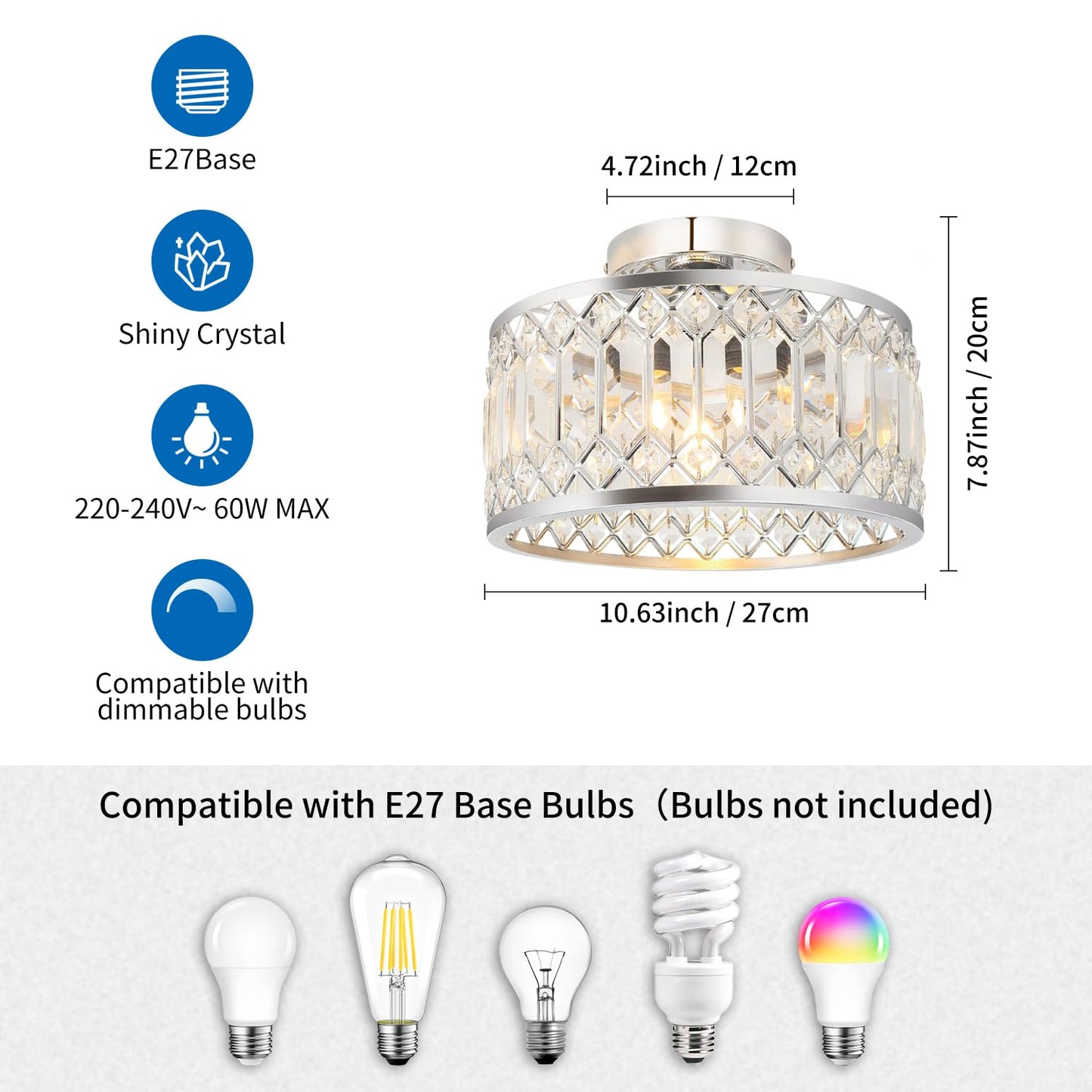 ANWIO Ceiling Light Living Room, Modern Crystal Ceiling Light Black Living Room, E27 Crystal Chandelier Bedroom with Glass Lampshade for Dining Room, Kitchen, Hallway, Office, Diameter 27 cm