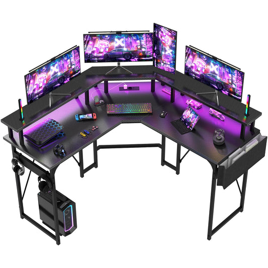 Devoko 153x153 cm Gaming Schreibtisch mit LED, groß Gaming Tisch L Form mit 2 Steckdosen und 2 USB Ladeanschluss, Eckschreibtisch PC Tisch mit großzügiger Monitorablage, Kohleschwarz