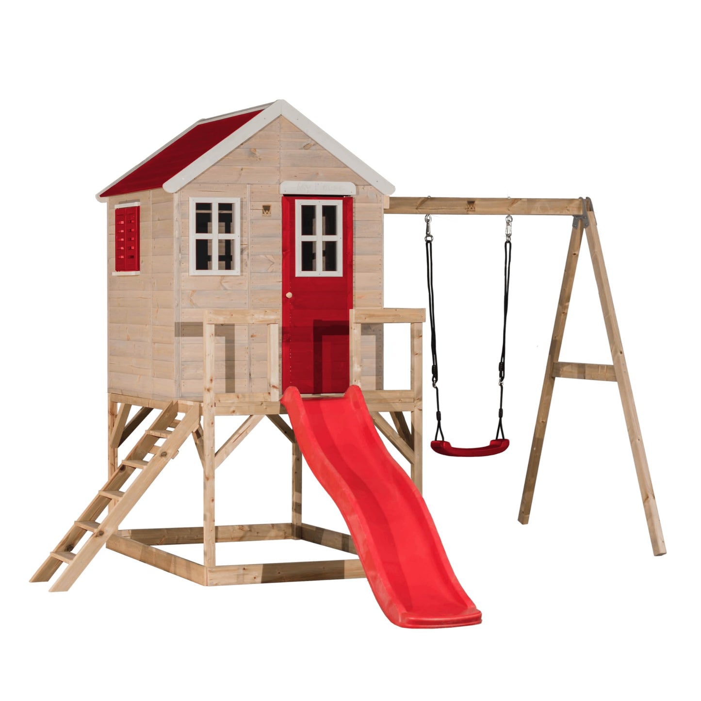 Wendi Toys M24G Children's Outdoor Stilt House with Slide and Swing, 330 x 350 x 242 cm, Grey, FSC Wood, Playhouse Children Outdoor with Swing & Plastic Slide for Garden, Playground for Garden