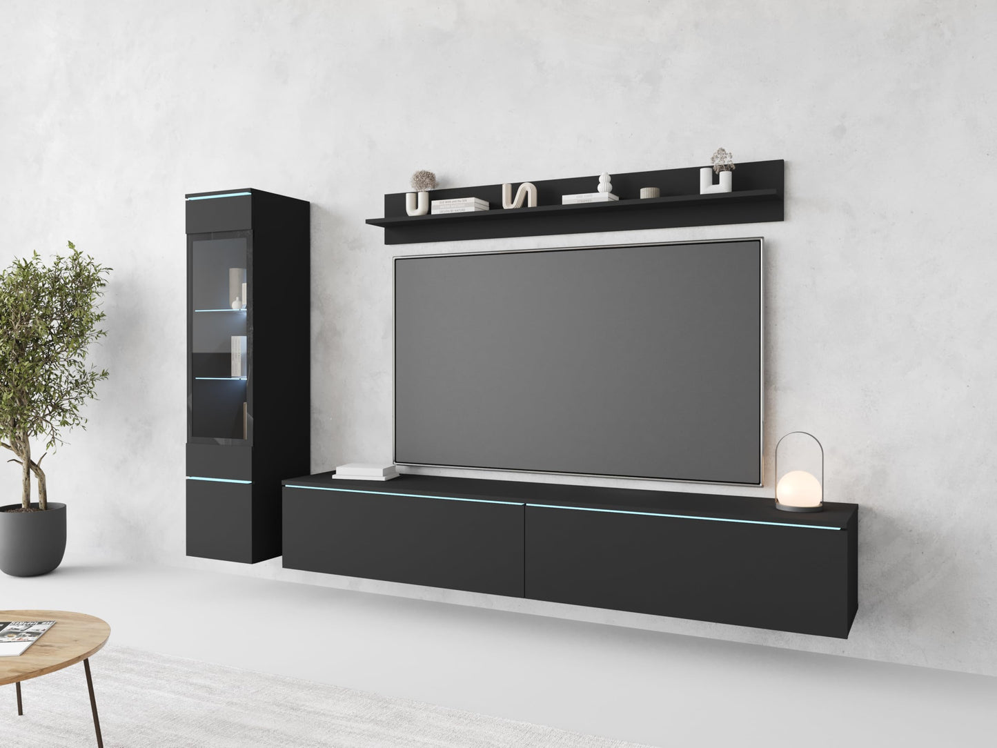 MINIO go for it Veve 2, 4-Piece Wall Unit Set, Hanging or Standing, 2 x Tall Cabinet Display Cabinets, Lowboard, Wall Board, Laminated Clamping Plate, Wotan Oak and Black Gloss, without Lighting