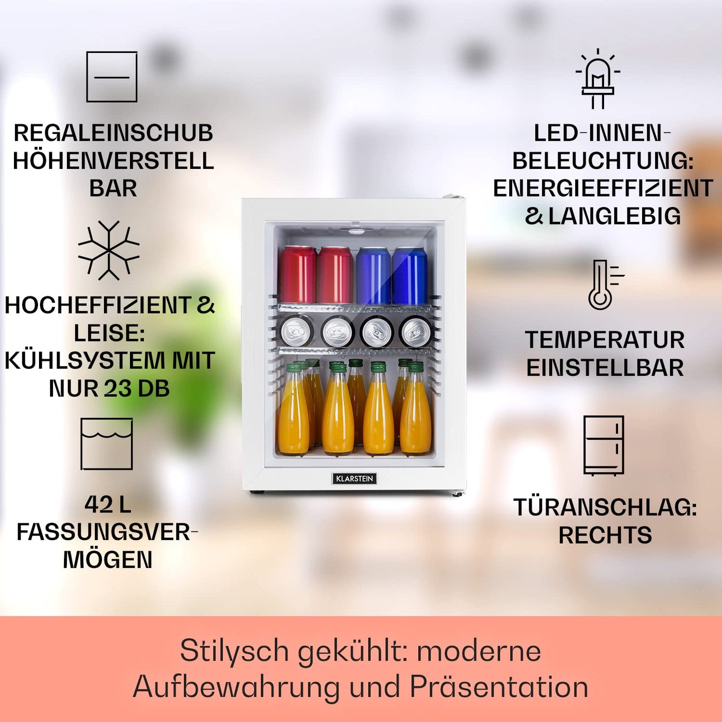 Klarstein Kühlschrank, Mini Kühlschrank mit Glastüre, Mini-Kühlschrank für Getränke, Snacks & Kosmetik, Kühlschrank Klein & Leise, Verstellbare Ablagen, Kleiner Skincare Kühlschrank 12-18°C, 23L