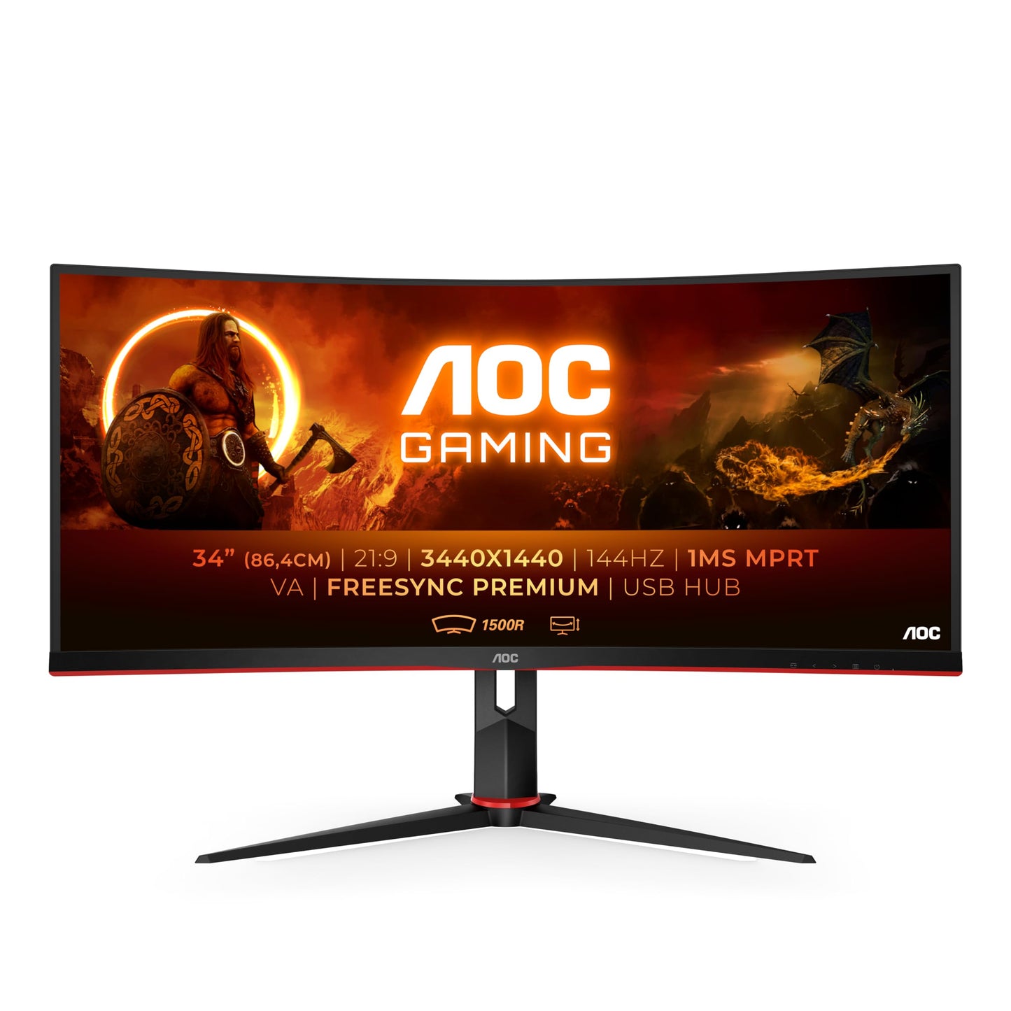AOC Gaming CU34G2XPD – 34-Zoll-WQHD-Curved-Monitor, 180 Hz, schnelle VA, 1 ms GTG, FreeSync Premium, HDR400, höhenverstellbarer Standfuß (3440 x 1440, HDMI, DisplayPort, USB-Hub)
