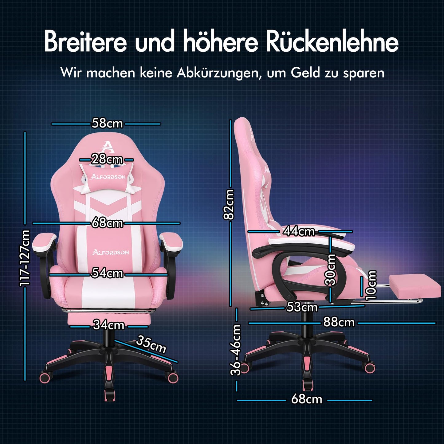 ALFORDSON Gaming Stuhl mit 8-Punkt Massage 12 Farben RGB LED-Licht, Bürostuhl Ergonomisch mit fußstützen, Kopfstütze Lendenkissen für Kinder Erwachsene, Schwarz