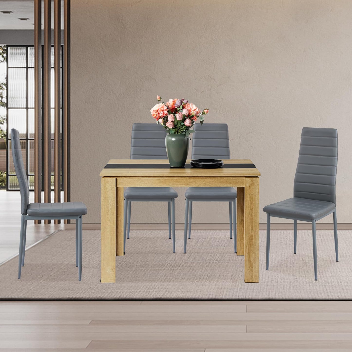 FURNITABLE Esstisch mit 4 Stühlen Esszimmergruppe, 4er Set Esszimmerstühle und Rechteckig Holztisch Essgruppe für Wohnzimmer Küche Büro (110 * 70cm Tisch+4 Schwarz Stühle)