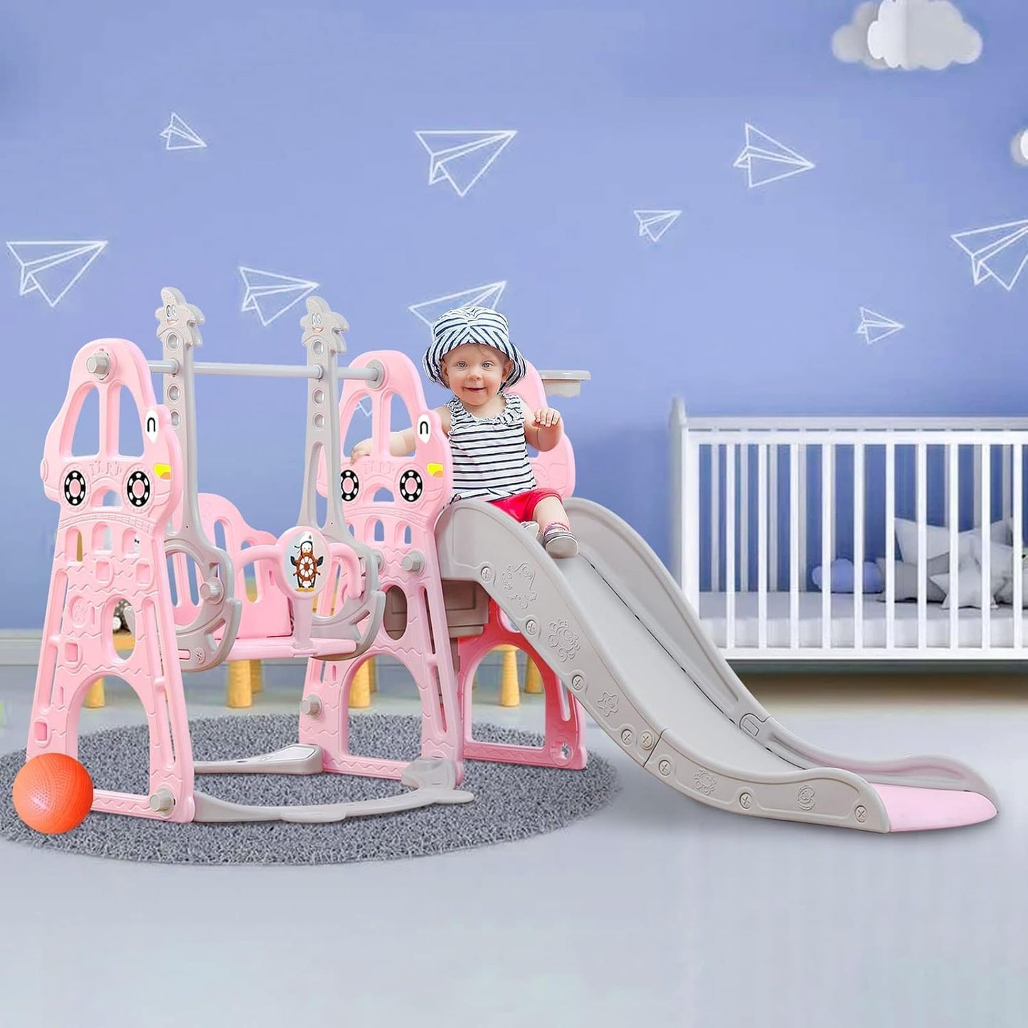 YULEYU Kinderrutsche Outdoor Indoor, Kleinkindrutsche mit Schaukel und Basketball-Reifen, Baby rutsche kinderzimmer, babyrutsche gartenrutsche für Kleinkind, Rosa