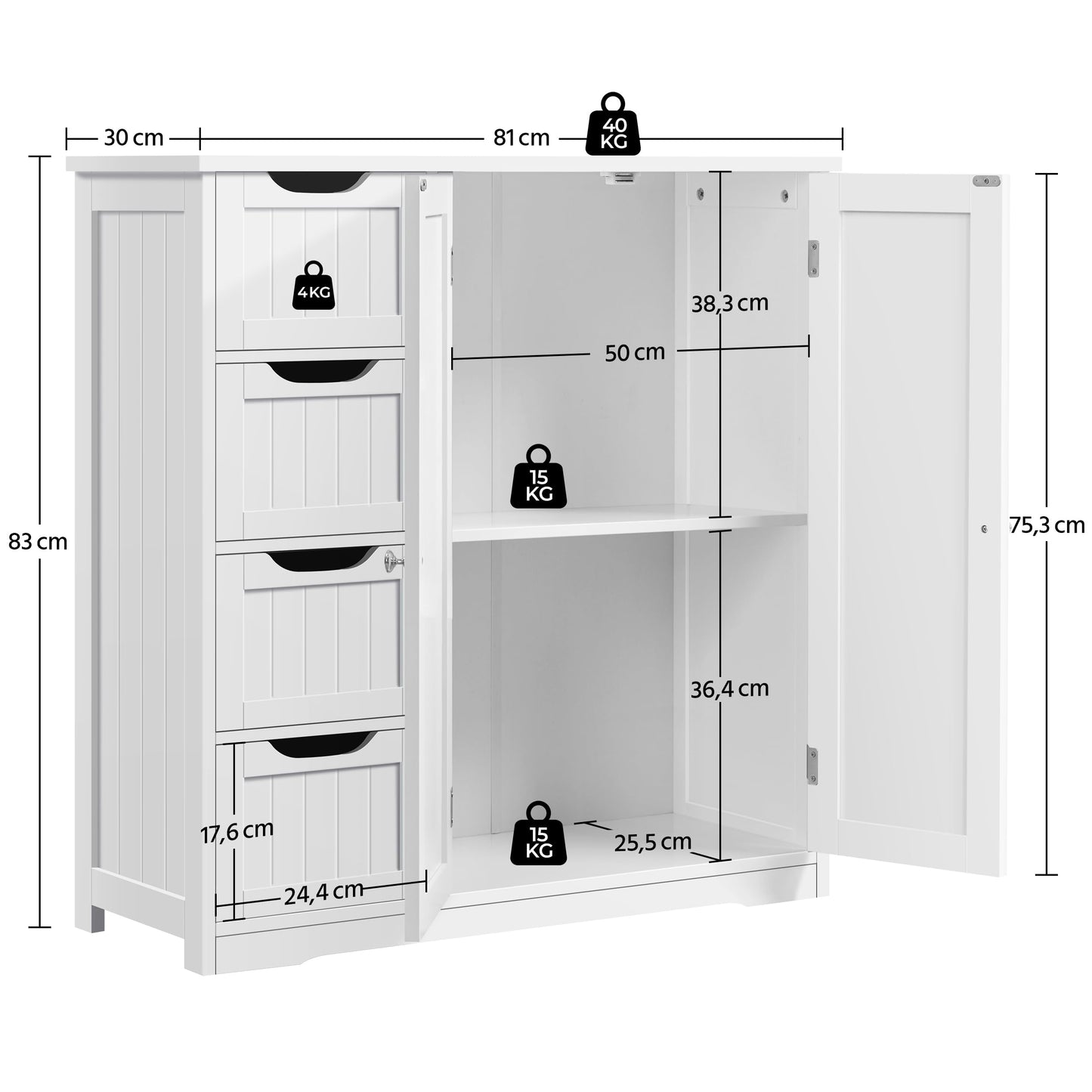 Yaheetech Bathroom Cabinet Floor Cabinet with 4 Drawers and 2 Doors Bathroom Cabinet Floor Cabinet with Height-Adjustable Shelf for Bathroom Living Room Hallway Kitchen White