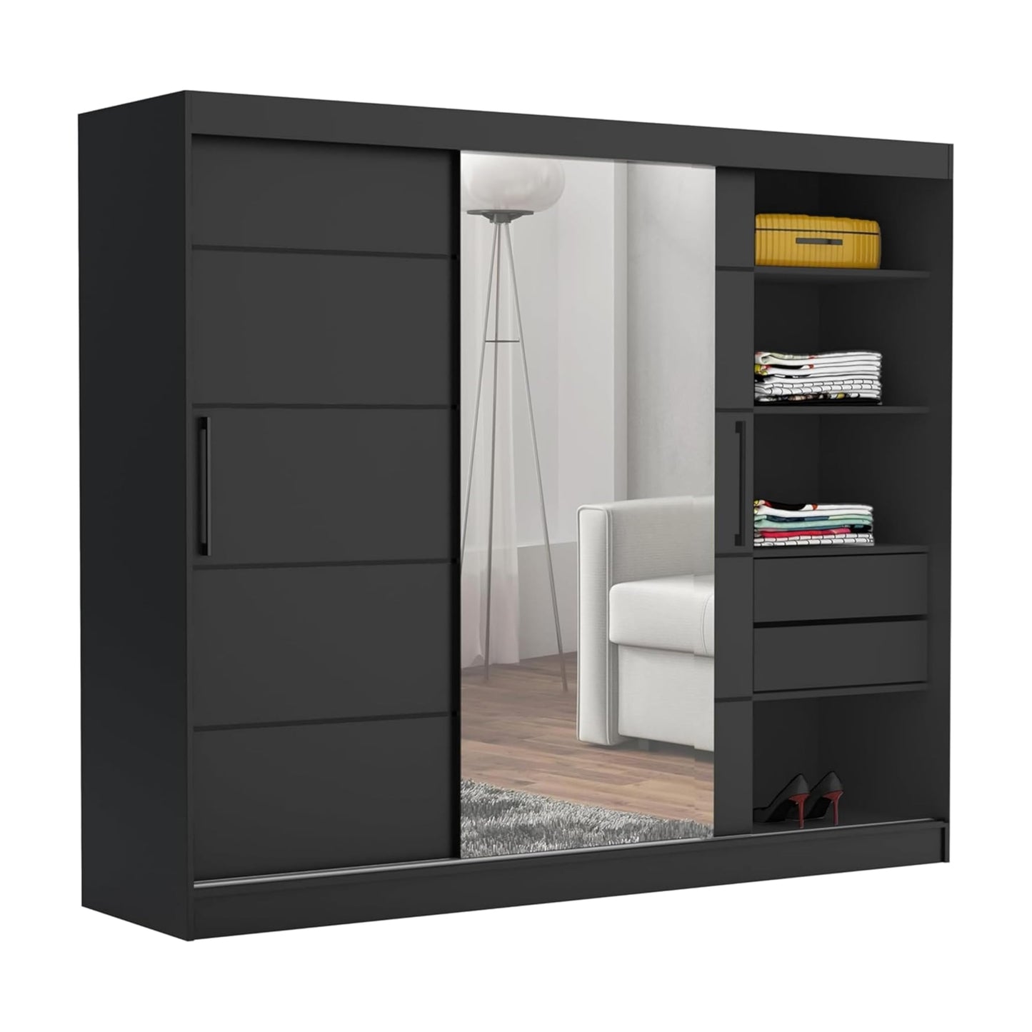 Brent - Kleiderschrank mit Spiegel und Schubladen 235cm Breit Chelsea Tomy, Schwebetürenschrank mit Spiegel, Schlafzimmerschrank, Kleiderschrank Schwarz