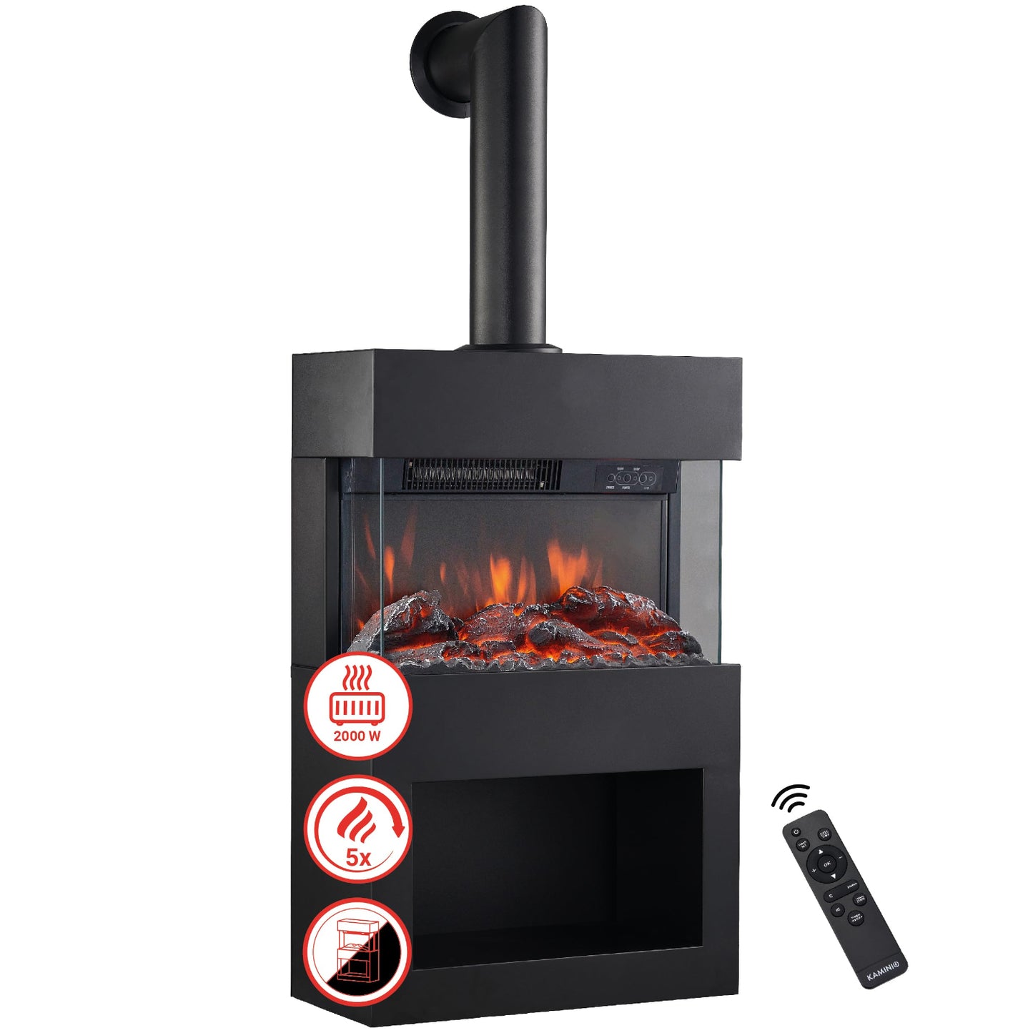 KAMINIO Henri Electric Fireplace with Stove Pipe - Electric Stove with Heater, 3D Flame Effect, Wooden Compartment, Remote Control (White)