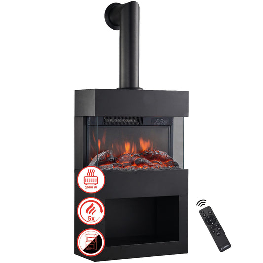 KAMINIO Henri Electric Fireplace with Stove Pipe - Electric Stove with Heater, 3D Flame Effect, Wooden Compartment, Remote Control (White)