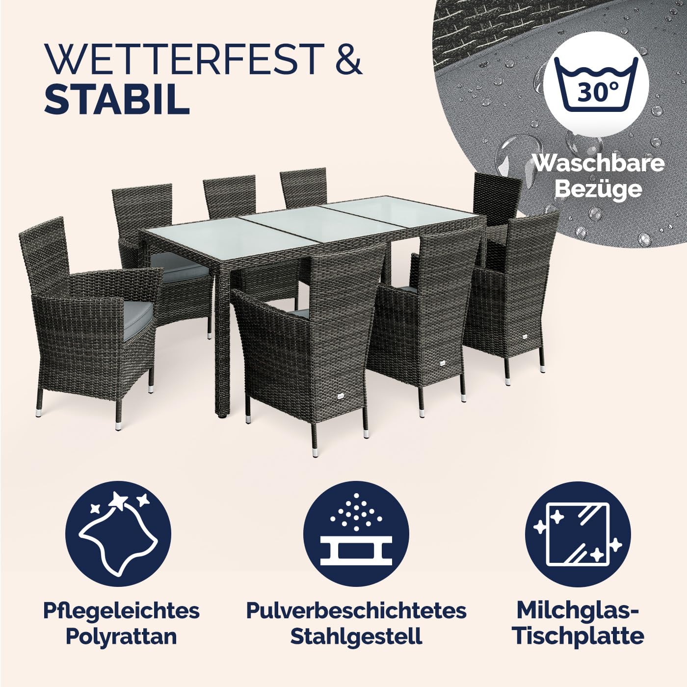 Casaria® Gartenmöbel Set 8 Personen Stühle inkl. 7cm Polster & Abdeckung Tisch 190x90cm 160kg Belastbar Wetterfest Polyrattan Stapelbar Terrasse Möbel Grau