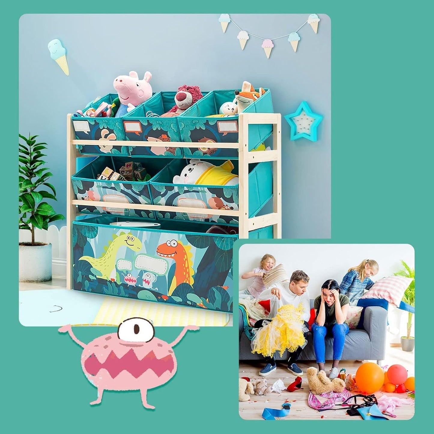 NUKied Spielzeug-Organizer|Aufbewahrungsregal|3-stöckiges Holzregal für Kinder mit Regalboxen|Bücherregal für |Kinder|Kinderzimmer|Schule|Kindergarten Stoffschubladen für Bücher und Spielzeug