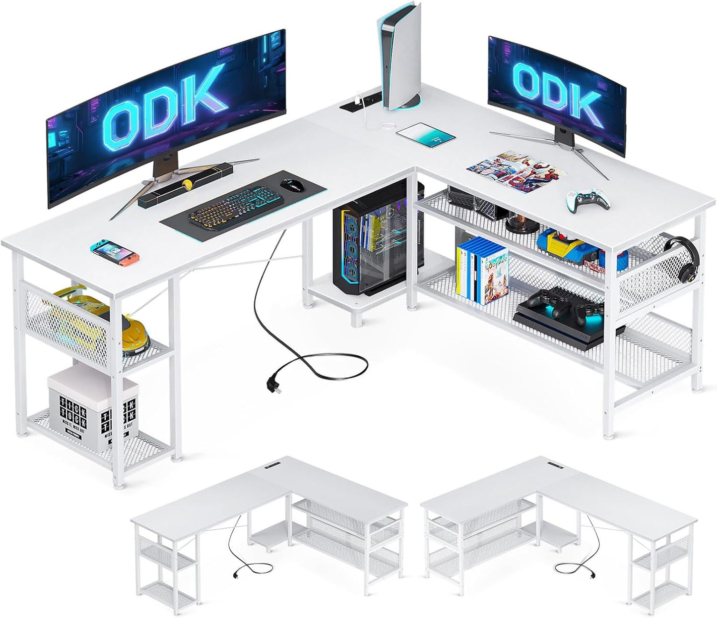 ODK Gaming Tisch, Reversibel Gaming Schreibtisch mit 2 Steckdosen und 2 USB Ladeanschluss, Eckschreibtisch für Office und Gaming, Weiß, 150×102cm