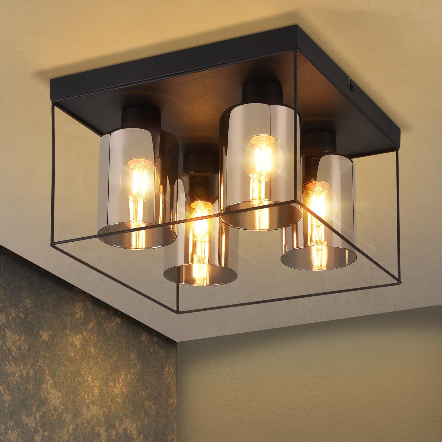 CBJKTX Ceiling Light Living Room Ceiling Light Glass - 4 Bulbs E27 Vintage Black Dining Room Lamp Industrial Style Metal Ceiling Retro Living Room Lamp for Bedroom Dining Room Kitchen (Light Bulb Not
