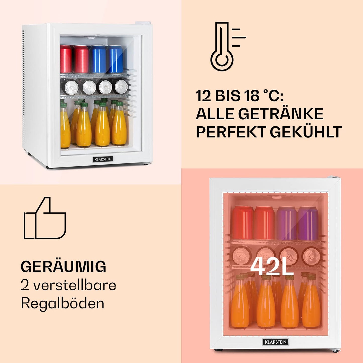 Klarstein Kühlschrank, Mini Kühlschrank mit Glastüre, Mini-Kühlschrank für Getränke, Snacks & Kosmetik, Kühlschrank Klein & Leise, Verstellbare Ablagen, Kleiner Skincare Kühlschrank 12-18°C, 23L